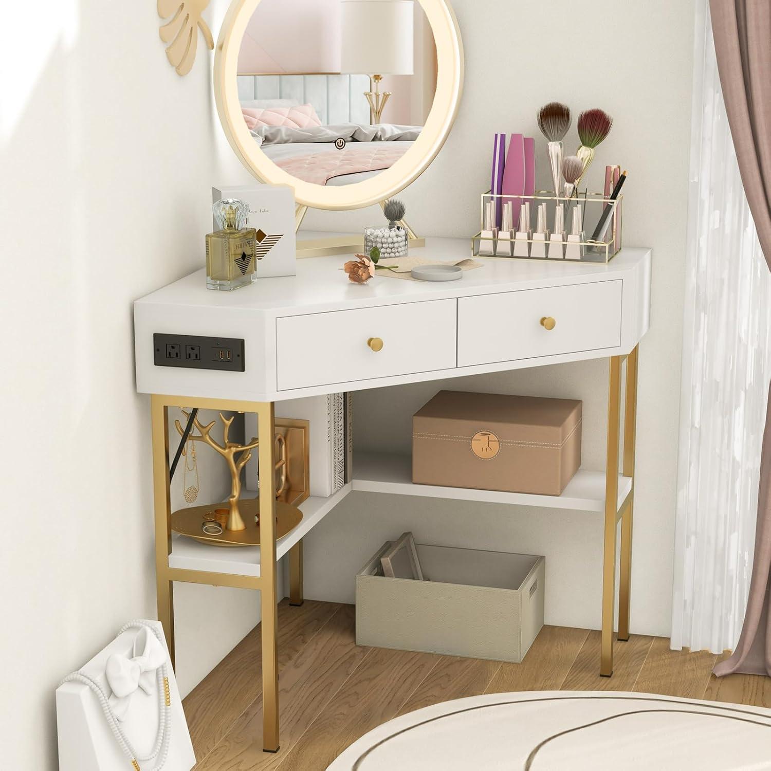 Costway Corner Desk with Built-in Charging Station Storage Drawers & Open Shelves Office White