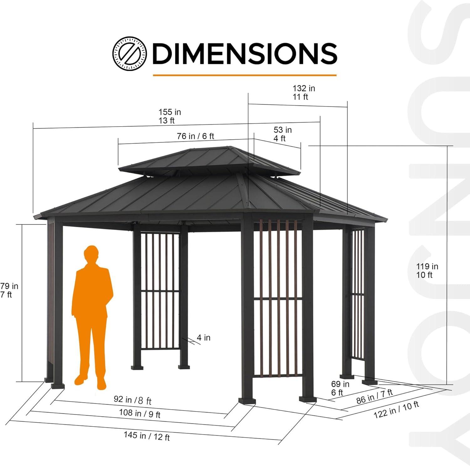 Sunjoy Sunjoy 11 x 13 ft. Hardtop Gazebo Outdoor Galvanized Steel Gazebo w/ Metal Gable Roof and Movable Ceiling Hook, Suitable for Patio & Backyard