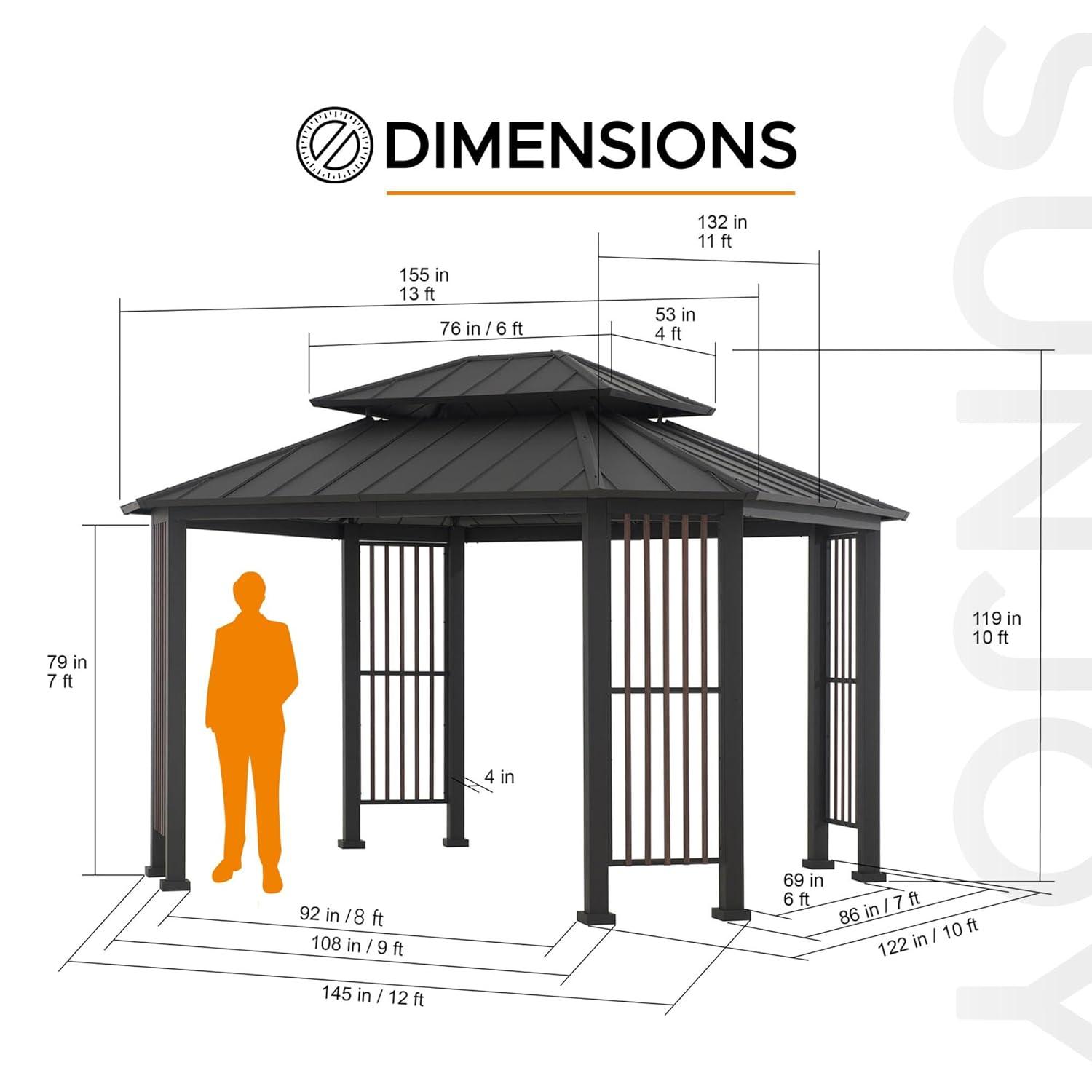 Sunjoy Sunjoy 11 x 13 ft. Hardtop Gazebo Outdoor Galvanized Steel Gazebo w/ Metal Gable Roof and Movable Ceiling Hook, Suitable for Patio & Backyard