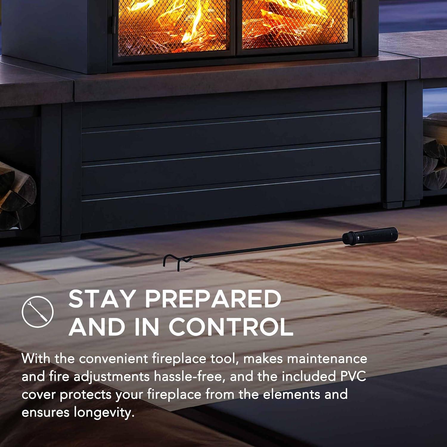 Matte Black Steel Wood-Burning Outdoor Fireplace with Chimney