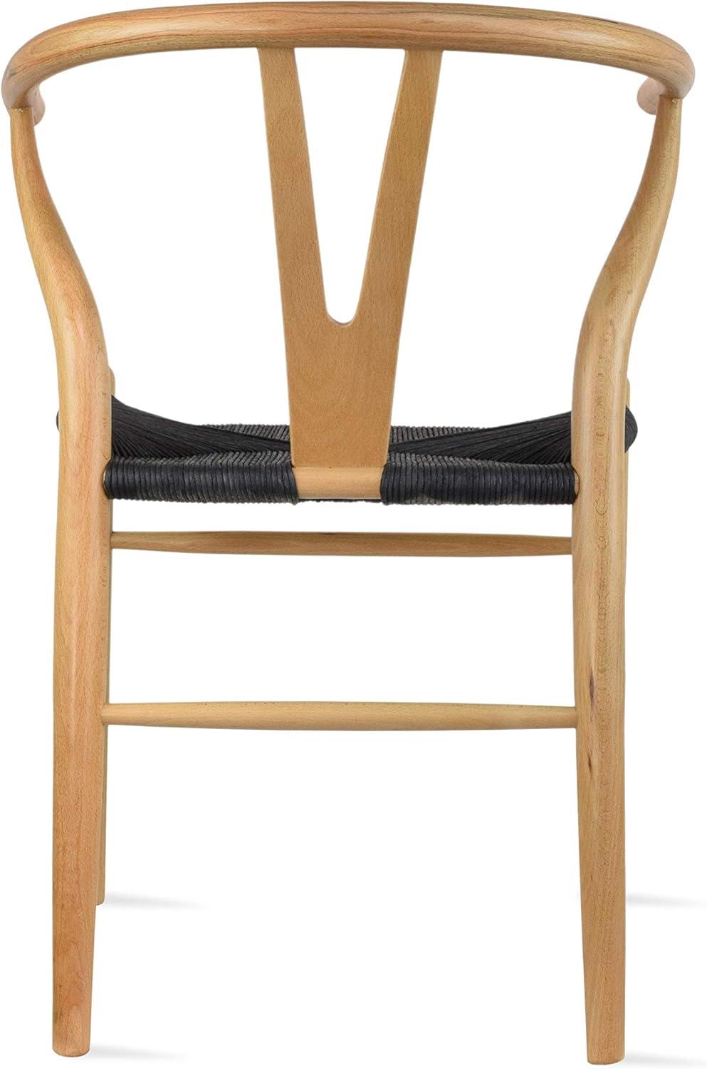 2xhome Set of 2 Wishbone Solid Wood Armchairs with Arms Open Y Back Farmhouse Dining Office Chairs with Woven Black Seat, Natural