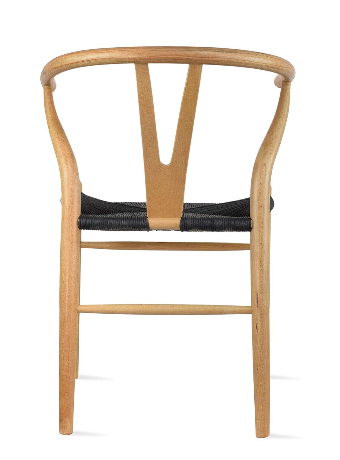 2xhome Set of 2 Wishbone Solid Wood Armchairs with Arms Open Y Back Farmhouse Dining Office Chairs with Woven Black Seat, Natural