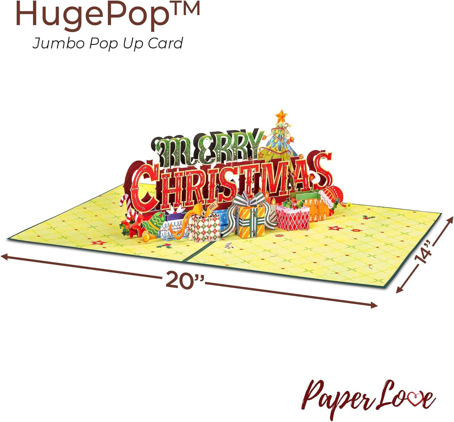 Paper Love HugePop 3D Merry Christmas Card Pop Up, Jumbo Holiday Decoration Gift, 10" x 14" Cover - Includes Envelope and Note Tag