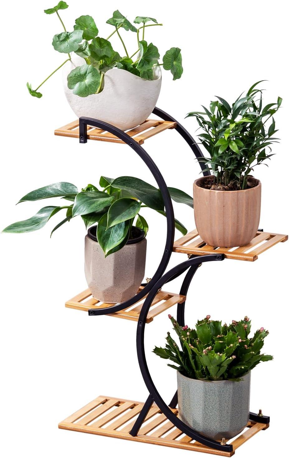 Black and Bamboo 4-Tier Indoor Outdoor Plant Stand