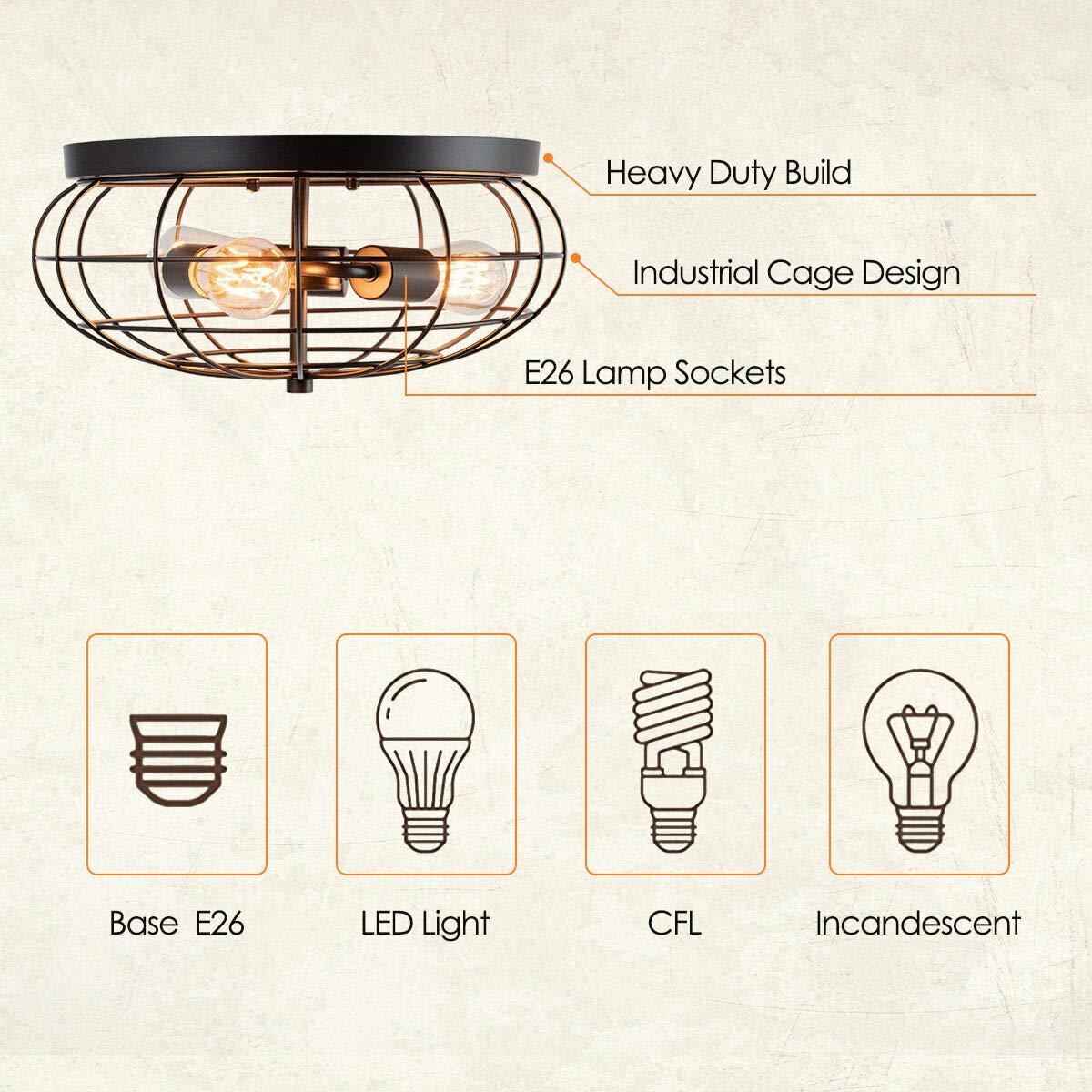 Tangkula 3-Light Industrial Style Rustic Ceiling Light Fixture with Iron Metal Cage Lampshade, Vintage Ceiling Lighting Lamp