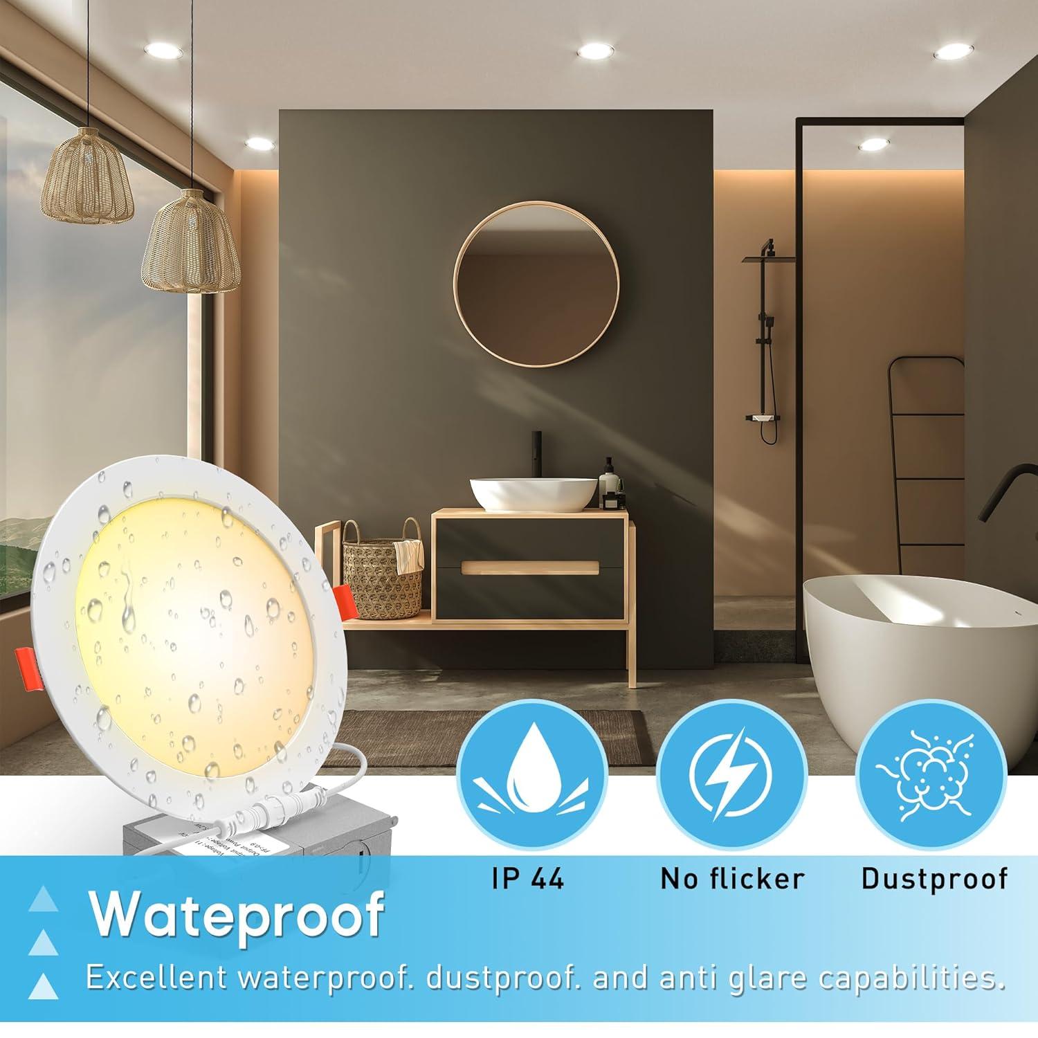 12 Pack 6 Inch 5CCT Ultra-Thin LED Recessed Ceiling Light with Junction Box, 2700K/3000K/3500K/4000K/5000K Selectable, 1050LM Brightness, Dimmable Canless Wafer Downlight, 12WEqv110W-ETL&FCC