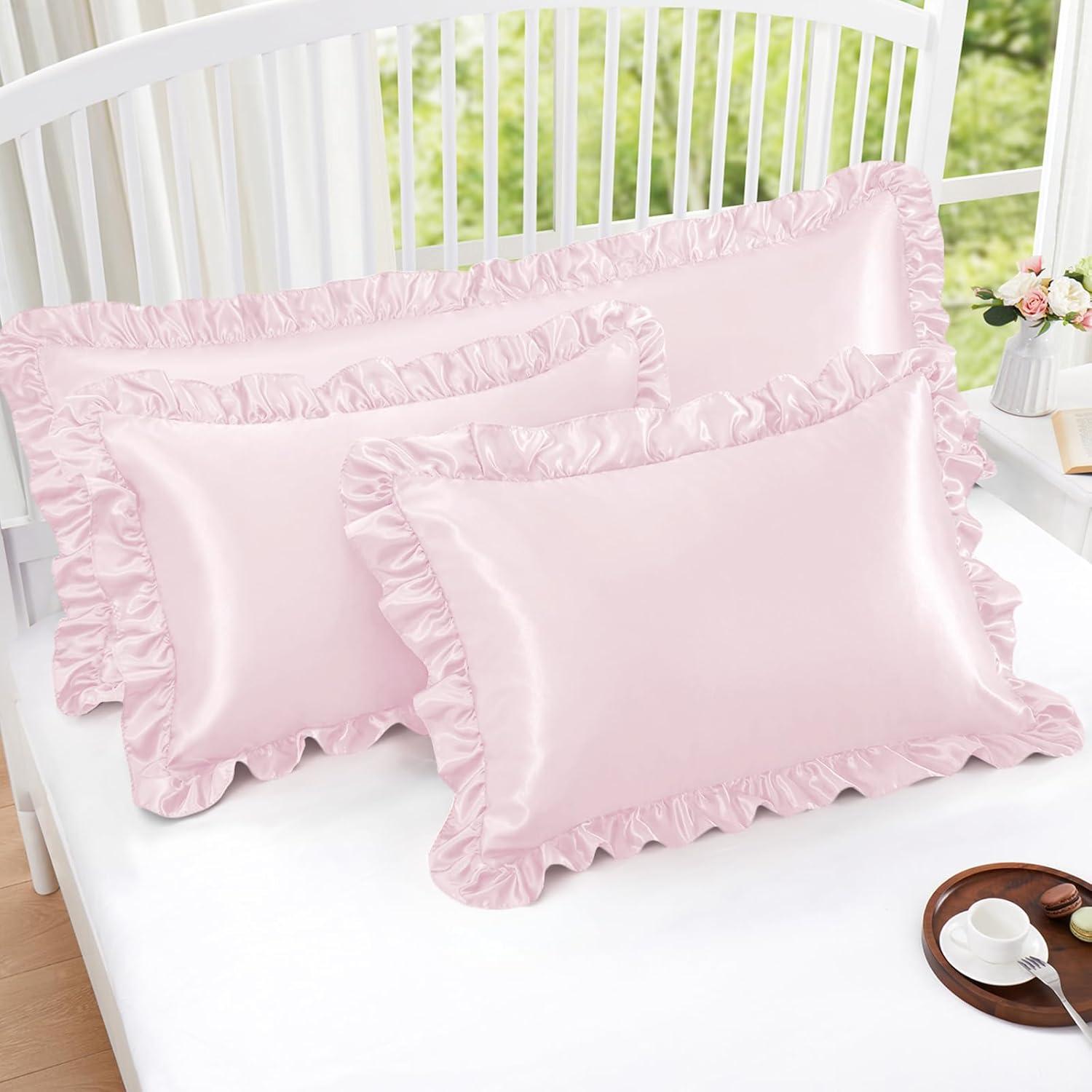 Blush Pink Satin Ruffled Standard/Queen Pillowcase Set