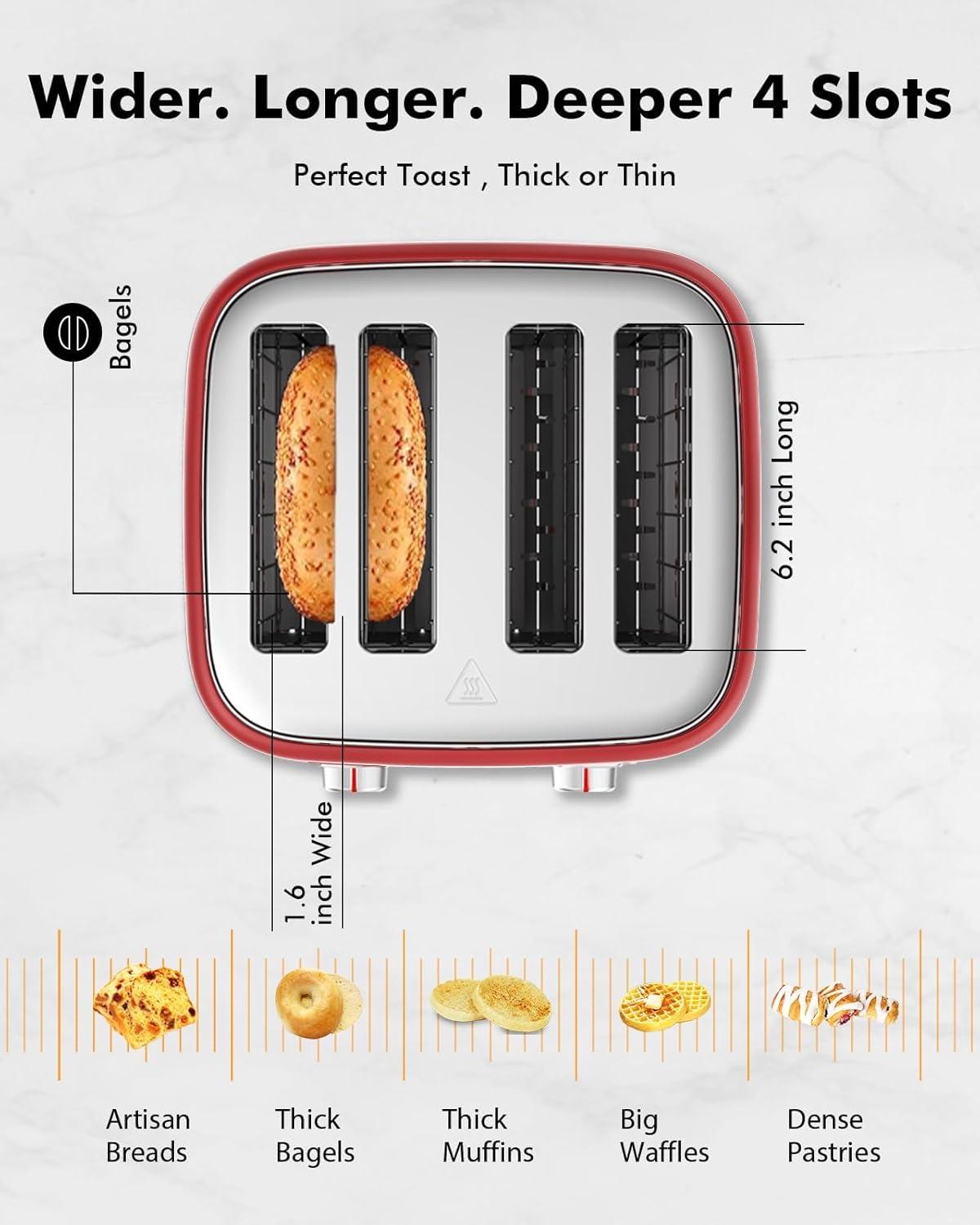 LONGDEEM 4 Slice Toaster, Extra Wide Slots, Longdeem Retro Stainless Steel Toasters, 6 Browning Options, Auto Shut Off & Frozen Function, Toast Fruit Bread, Bagel & Waffle