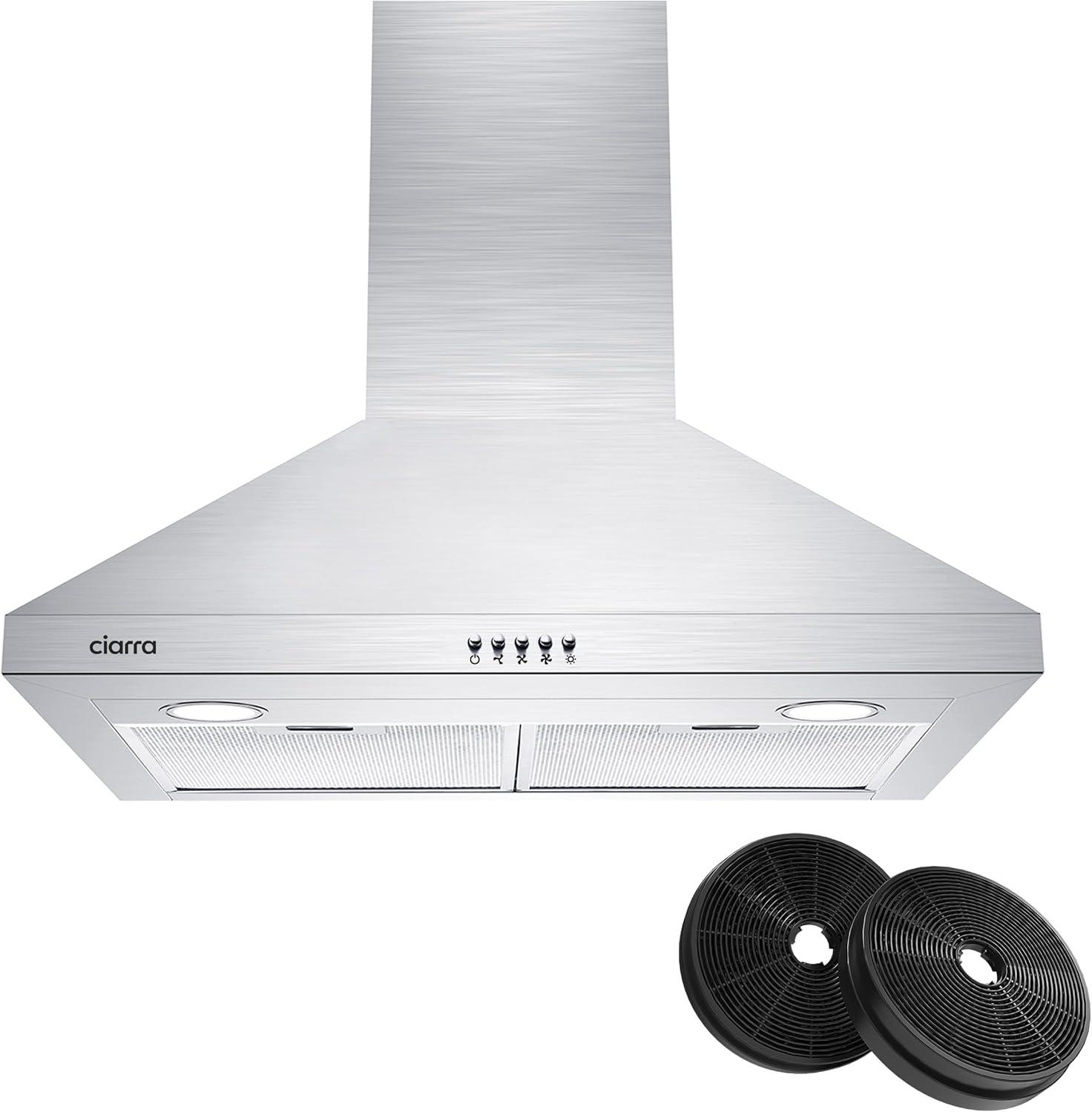 CIARRA Wall Mount Range Hood 30 inch 450CFM with Push Button, Stainless Steel CAS206P75