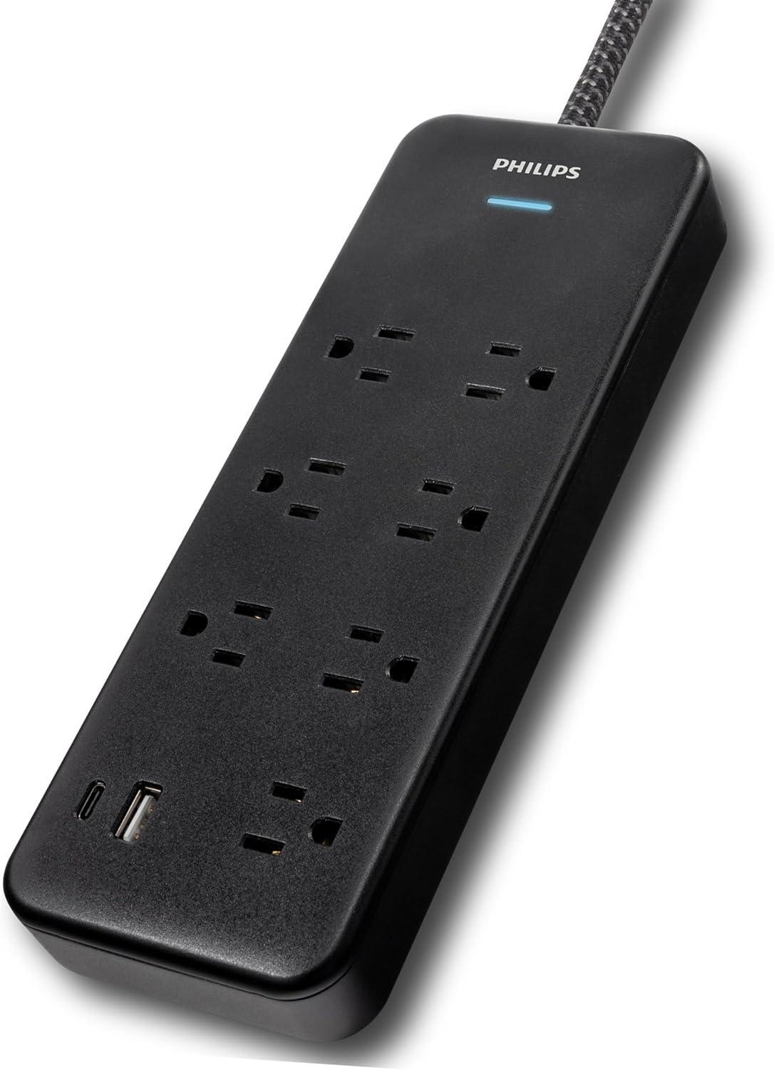 Philips 6-ft 7-Outlet Surge Protector, 7 Outlet, 1 USB-A, 1 USB-C, 15W, 1500J, Braided Cord, Black
