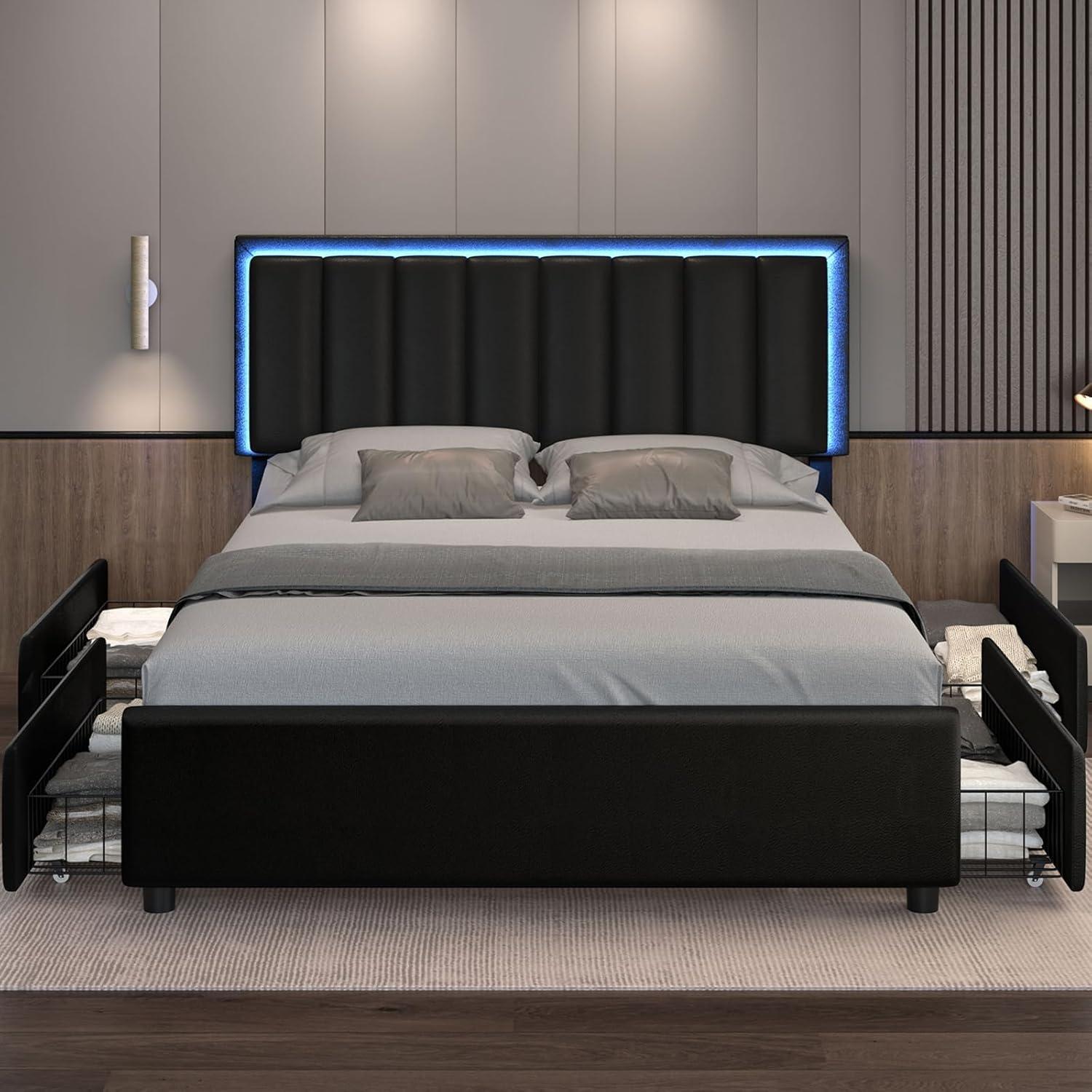 Full Size Led Bed Frame with Charging Station&LED Lights Modern Faux Leather Upholstered Platform Bed Frame with Adjustable Headboard&4 Storage Drawers, Black