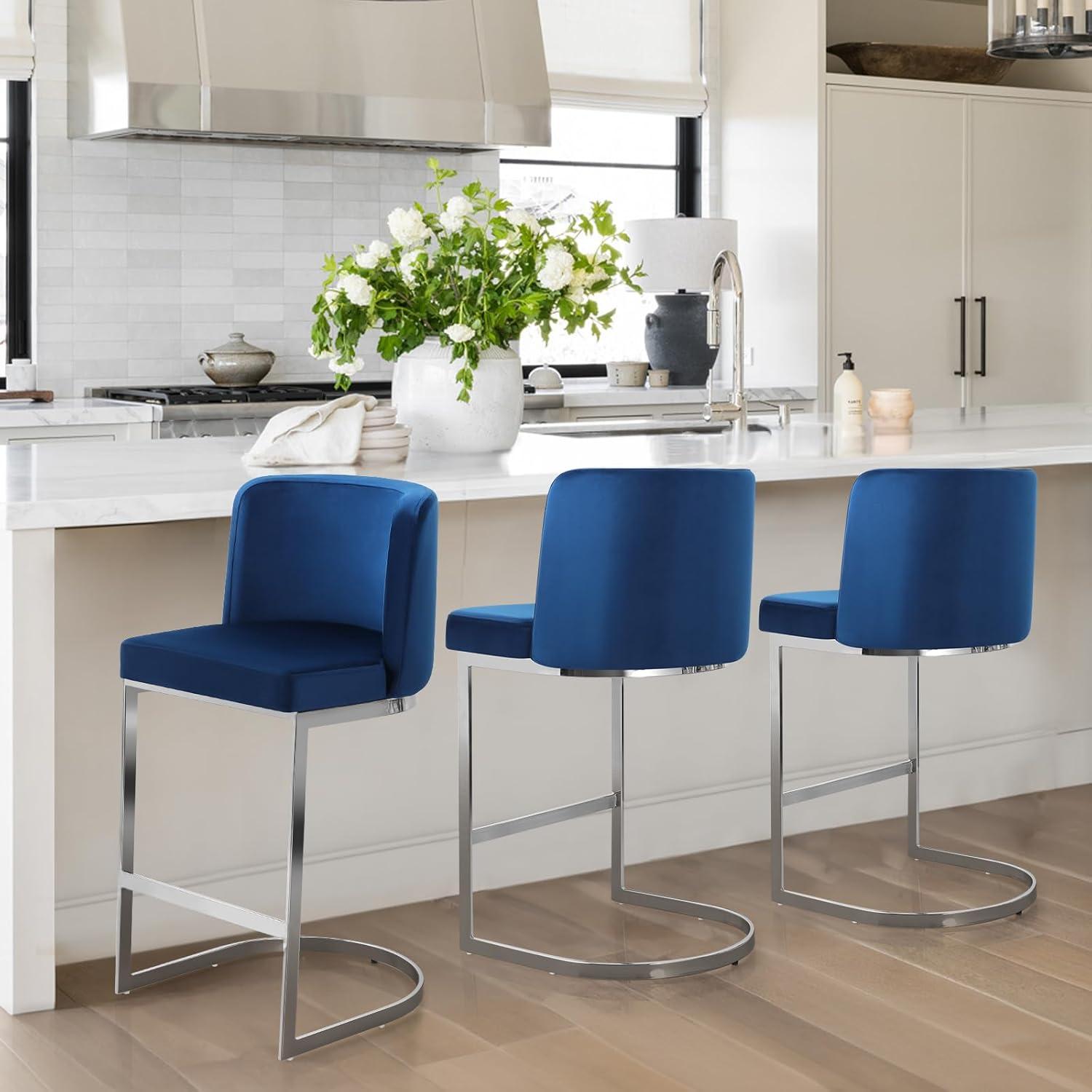 Velvet Blue 26" Counter Height Bar Stools with Metal Frame, Set of 3