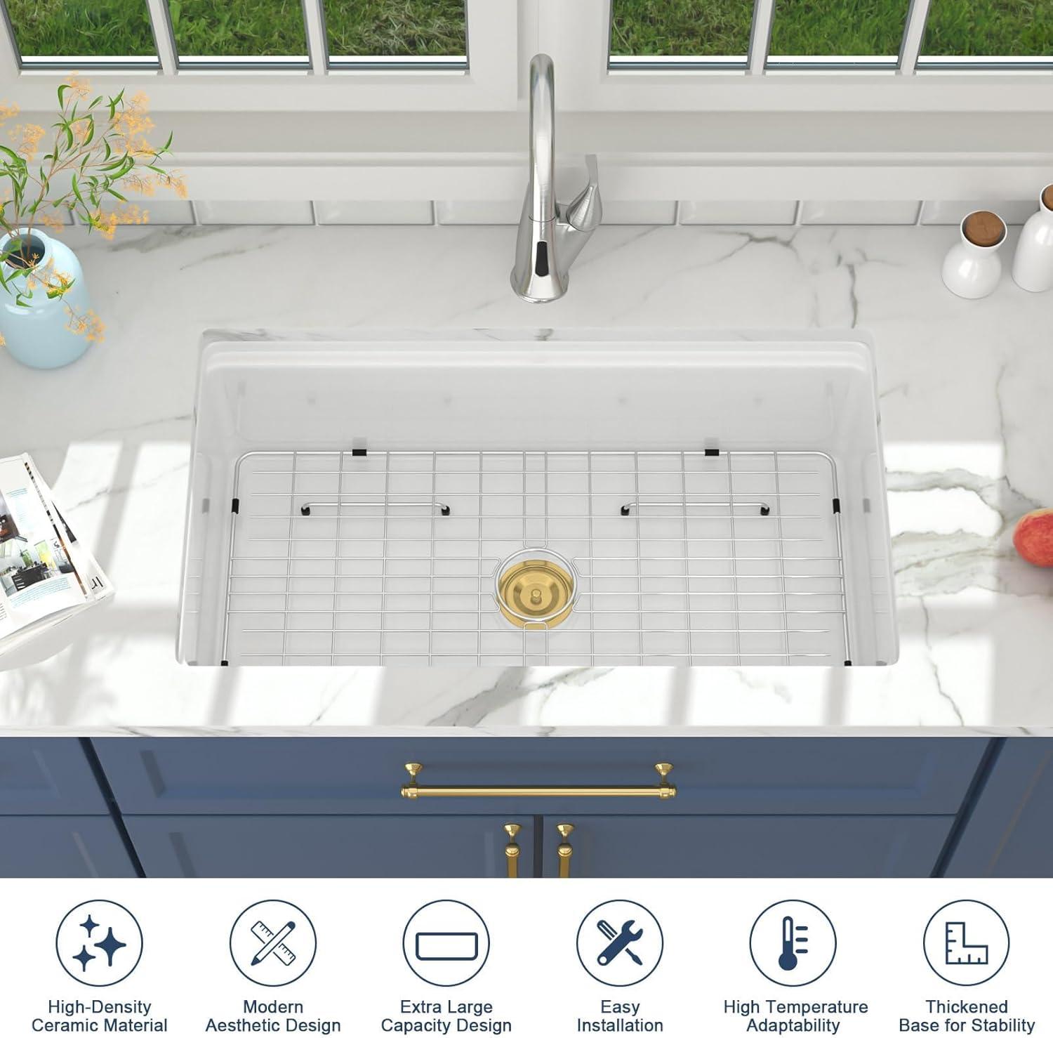 Lordear 33 Inch White Kitchen Sink Undermount Composite Granite Quartz Single Bowl Workstation 33x19x10 Inch Under Counter Kitchen Sinks