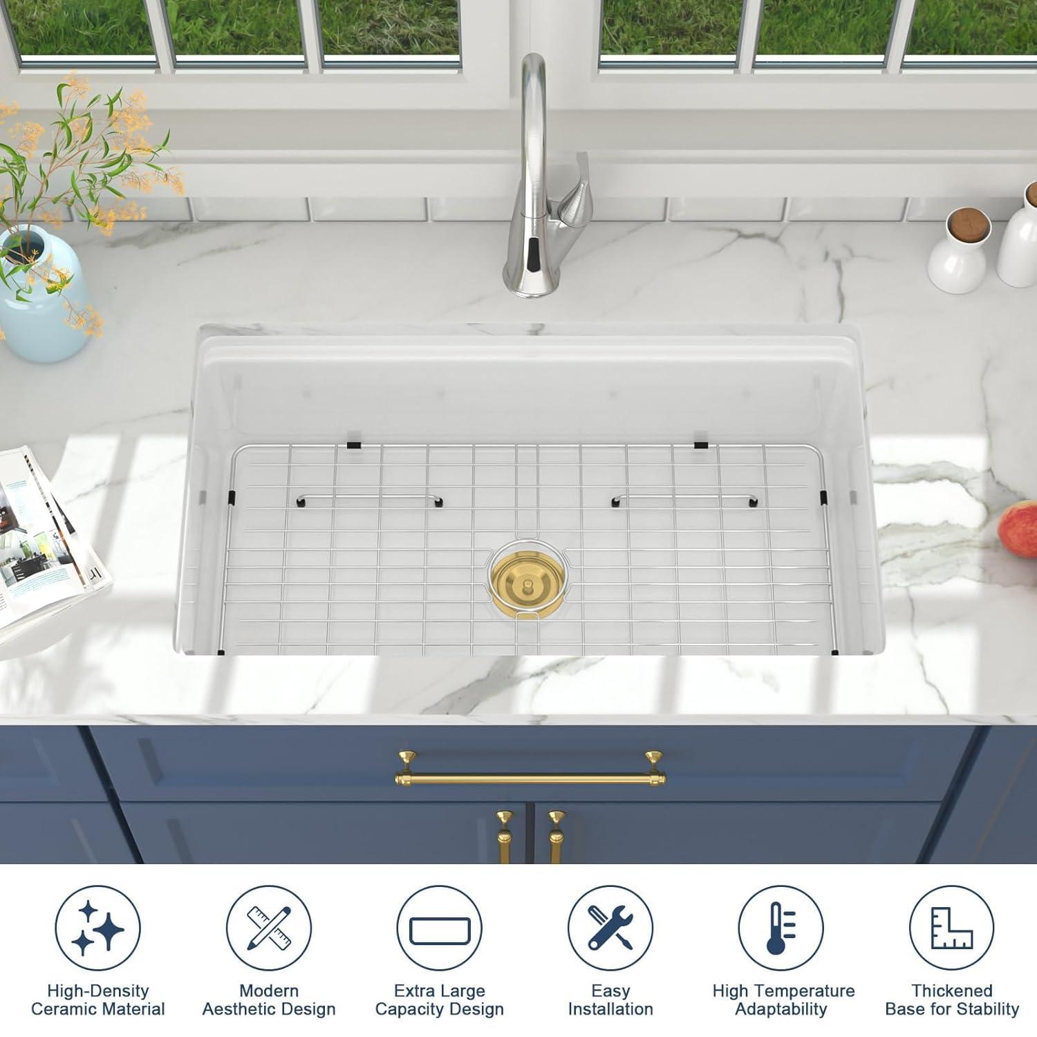 Lordear 33 Inch White Kitchen Sink Undermount Composite Granite Quartz Single Bowl Workstation 33x19x10 Inch Under Counter Kitchen Sinks