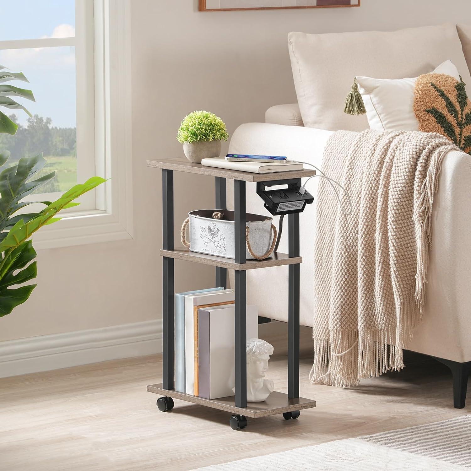 HOOBRO Small Narrow Side Table with Charging Station, Skinny End Table for Small Spaces, Slim Nightstand with USB Ports and Outlet, Sofa Beside Table on Wheels for Living Room BF122UBZ01