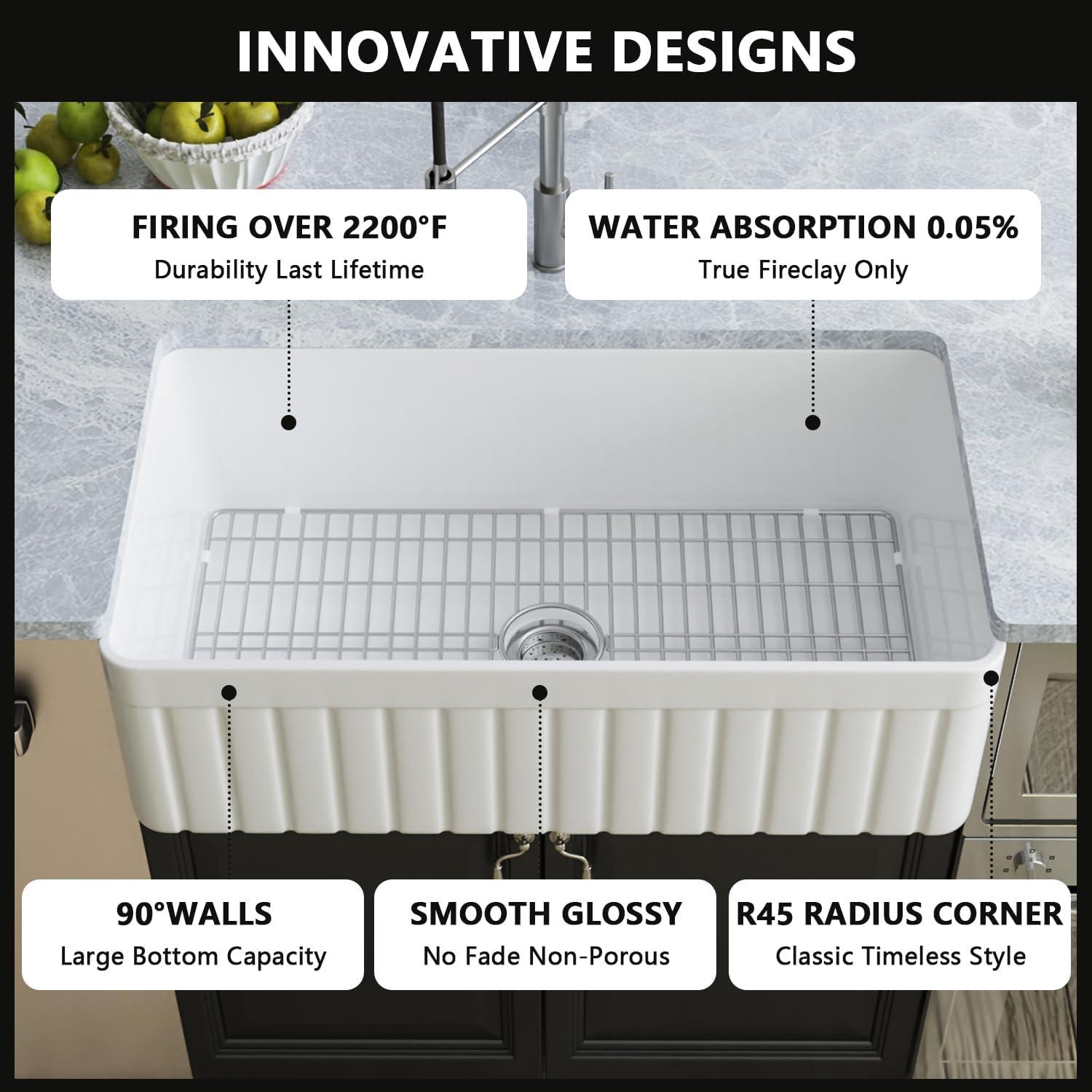 Solstice 33" L x 18" W Fireclay Farmhouse Kitchen Sink with Sink Grid and Basket Strainer