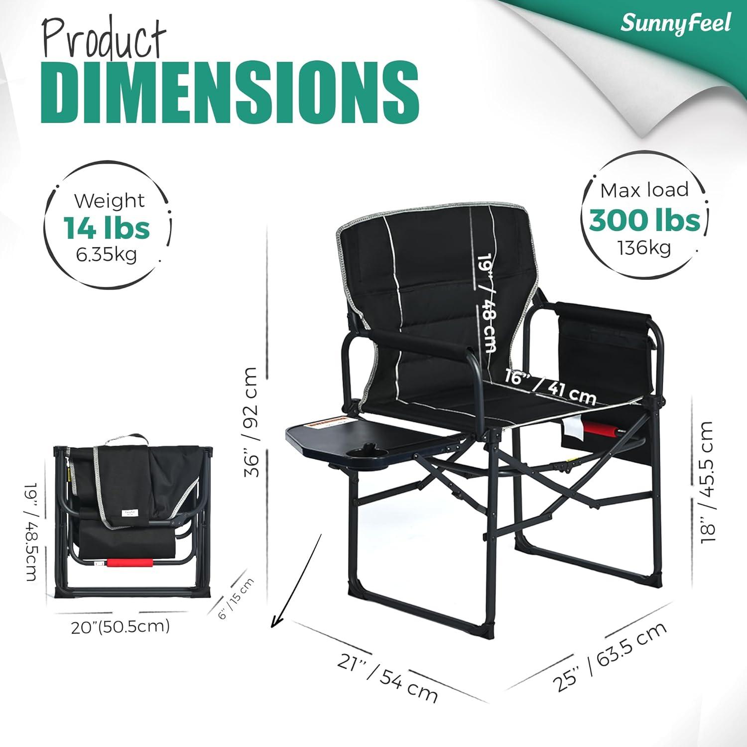 SUNNYFEEL Camping Directors Chair, Heavy Duty,Oversized Portable Folding Chair with Side Table, Pocket for Beach, Fishing,Trip,Picnic,Lawn,Concert Outdoor Foldable Camp Chairs