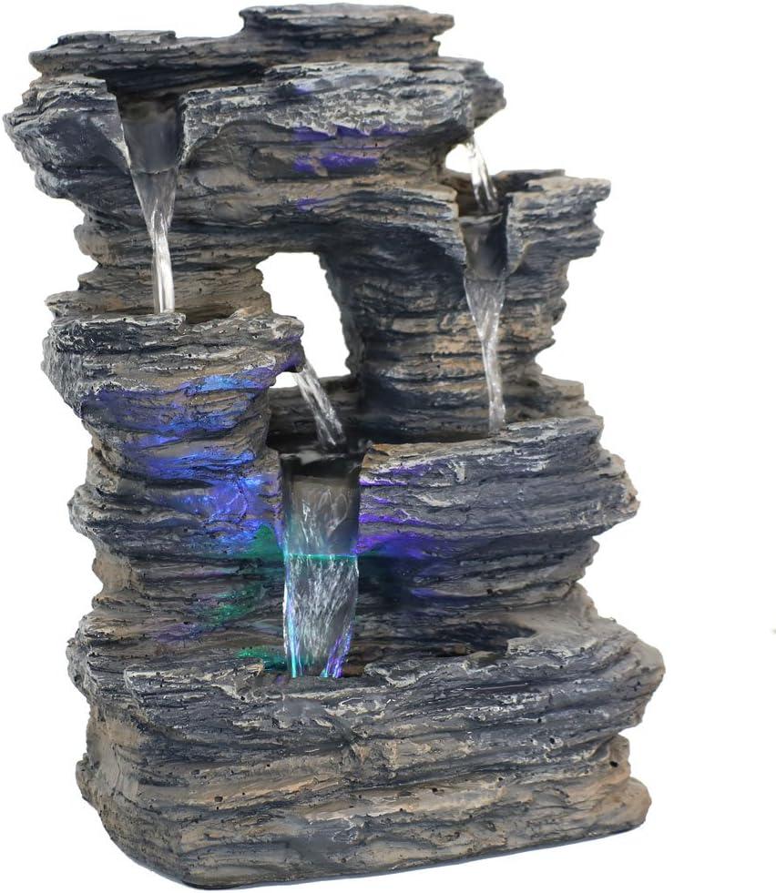 Sunnydaze Indoor Decorative Five Stream Rock Cavern Tabletop Water Fountain with Multi-Colored LED Lights - 13"