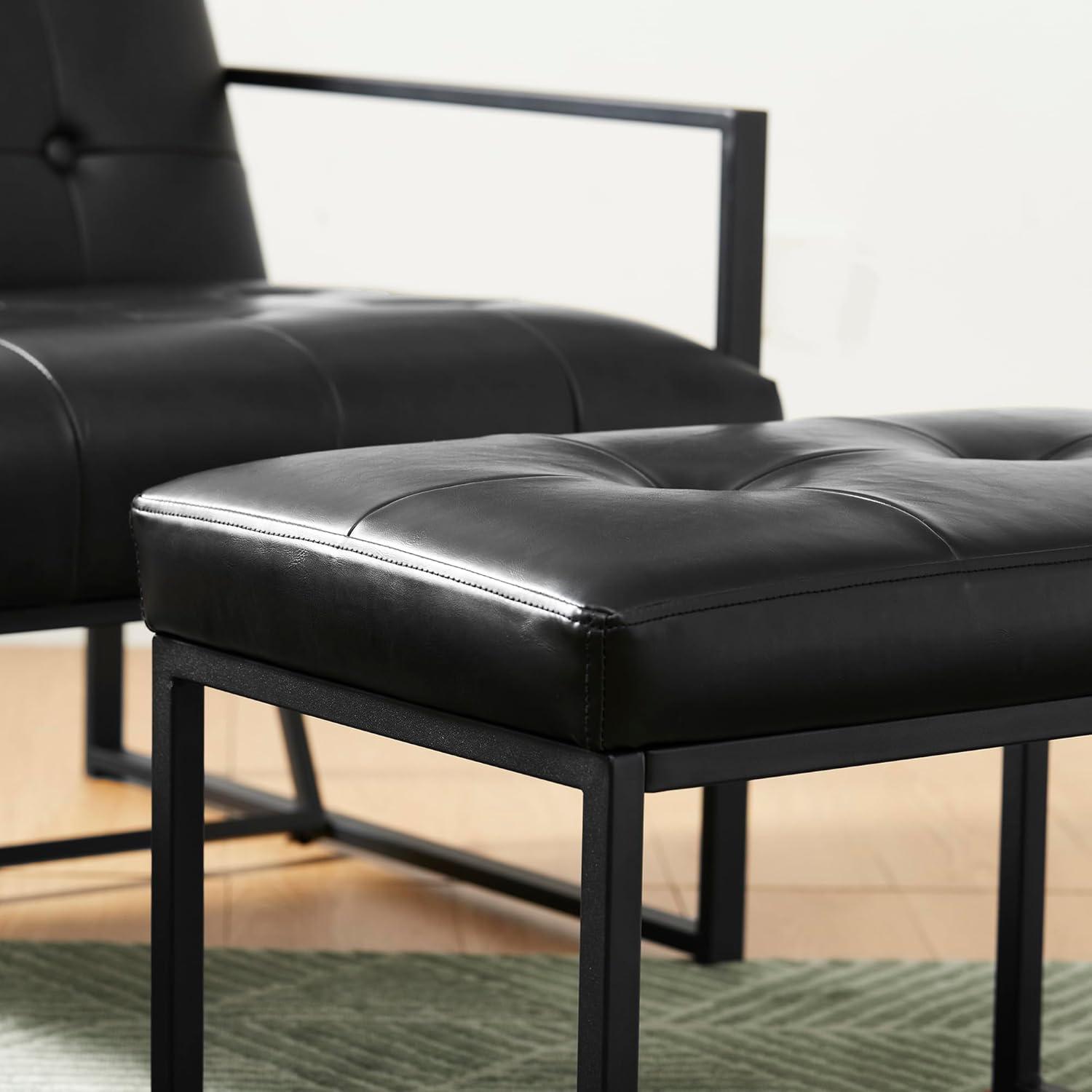 Modern Black Faux Leather Tufted Ottoman with Metal Frame