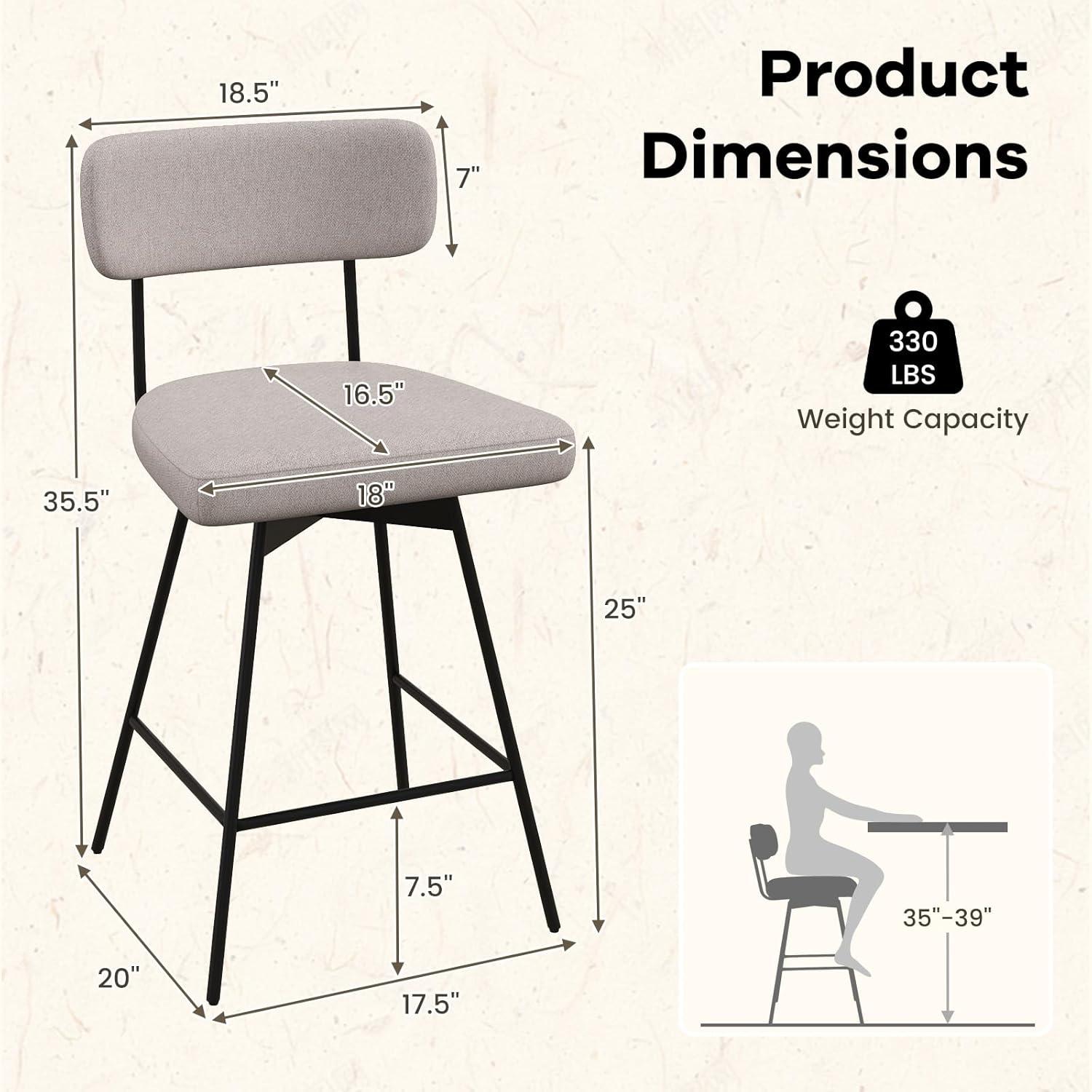 Drevy Bar Stools Set of 2, 25” Upholstered Counter Height Bar Stools with Back, 360° Swivel Dining Chairs with Heavy-Duty Metal Legs and Footrests, for Kitchen Island, Dining Room, Bar (2, Beige)