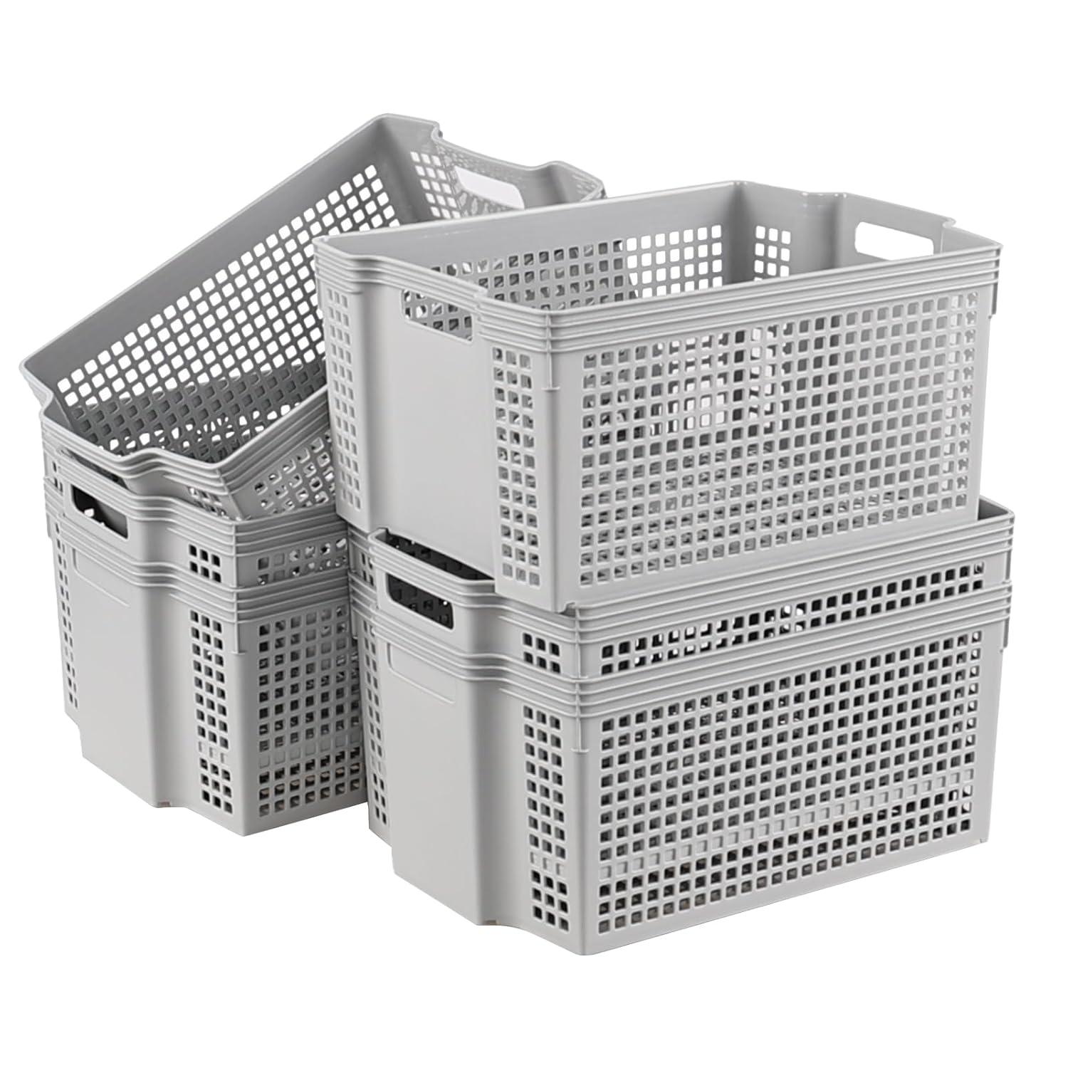 Gray Rectangular Stacking Plastic Storage Baskets, 13 Quart Capacity, Set of 6