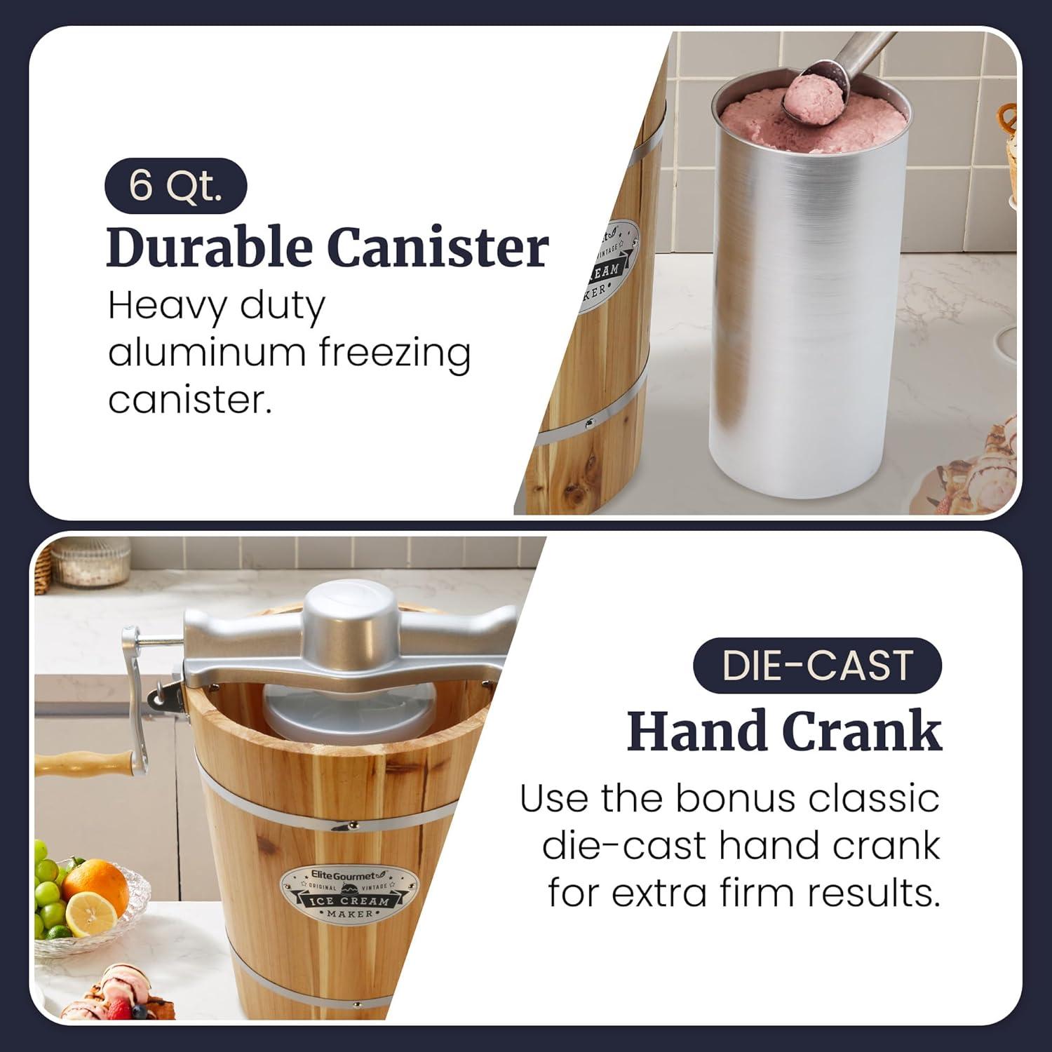 Elite Gourmet Old Fashioned 6 Quart Vintage Wood Bucket Electric Ice Cream Maker Machine Appalachian, *Bonus Classic Die-Cast Hand Crank for Churning, Uses Ice and Rock Salt Churns Ice Cream in Minute