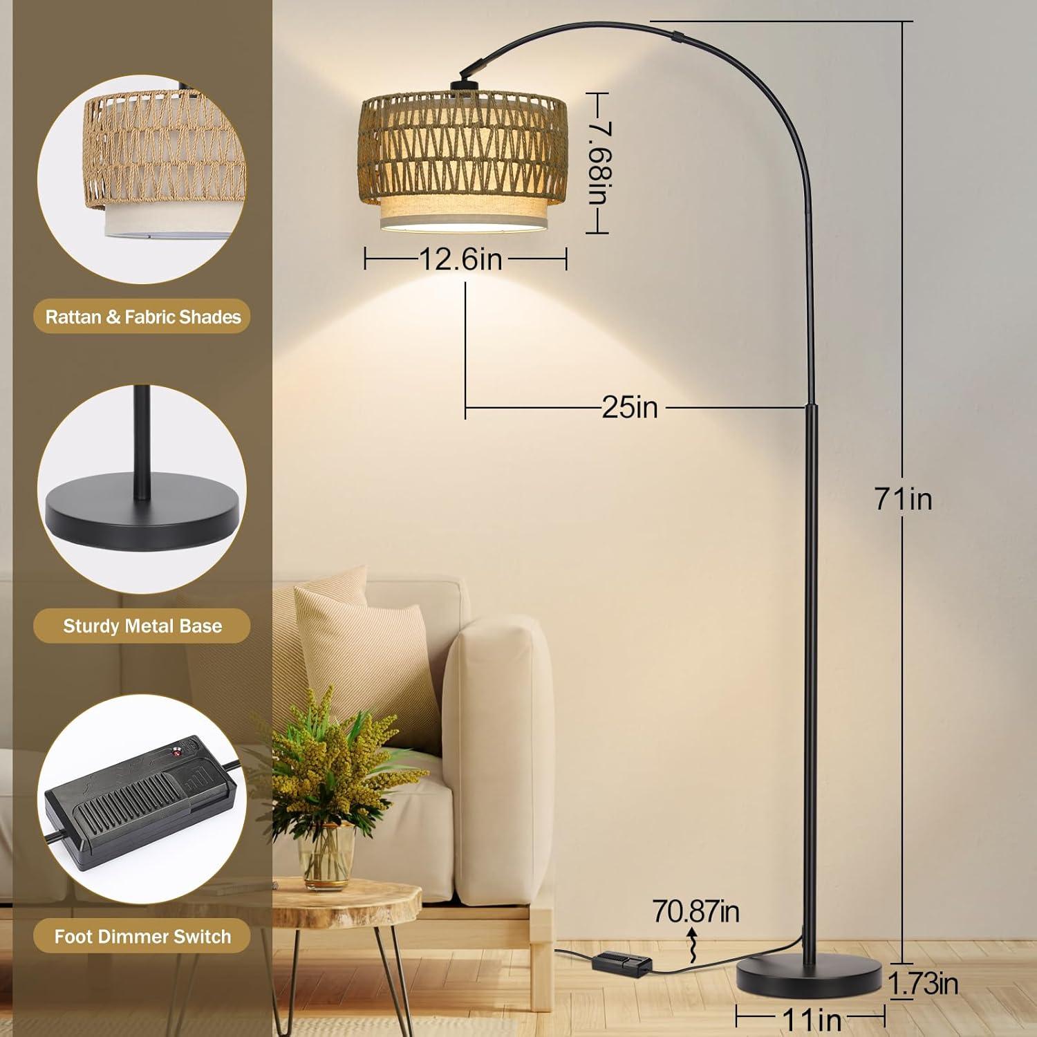 Rattan Floor Lamp, Dimmable Arc Floor Lamps for Living Room, Boho Farmhouse Standing Lamp with Adjustable Head, Tall Pole Lamp Reading Light for Bedroom, Over Couch, Office, 9W LED Bulb Included