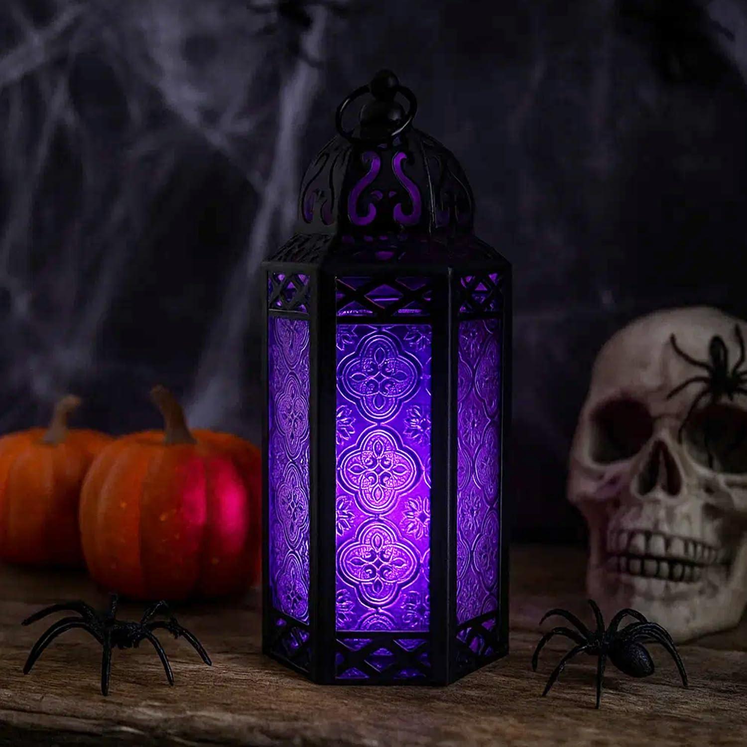 VELA LANTERNS 10.5" Moroccan Lamp Lantern Decorative Candle Holder for Indoor Outdoor Home Decor, Patio, Weddings, Ramadan Decorations, Black Metal, Purple Glass, Medium, Set of 3