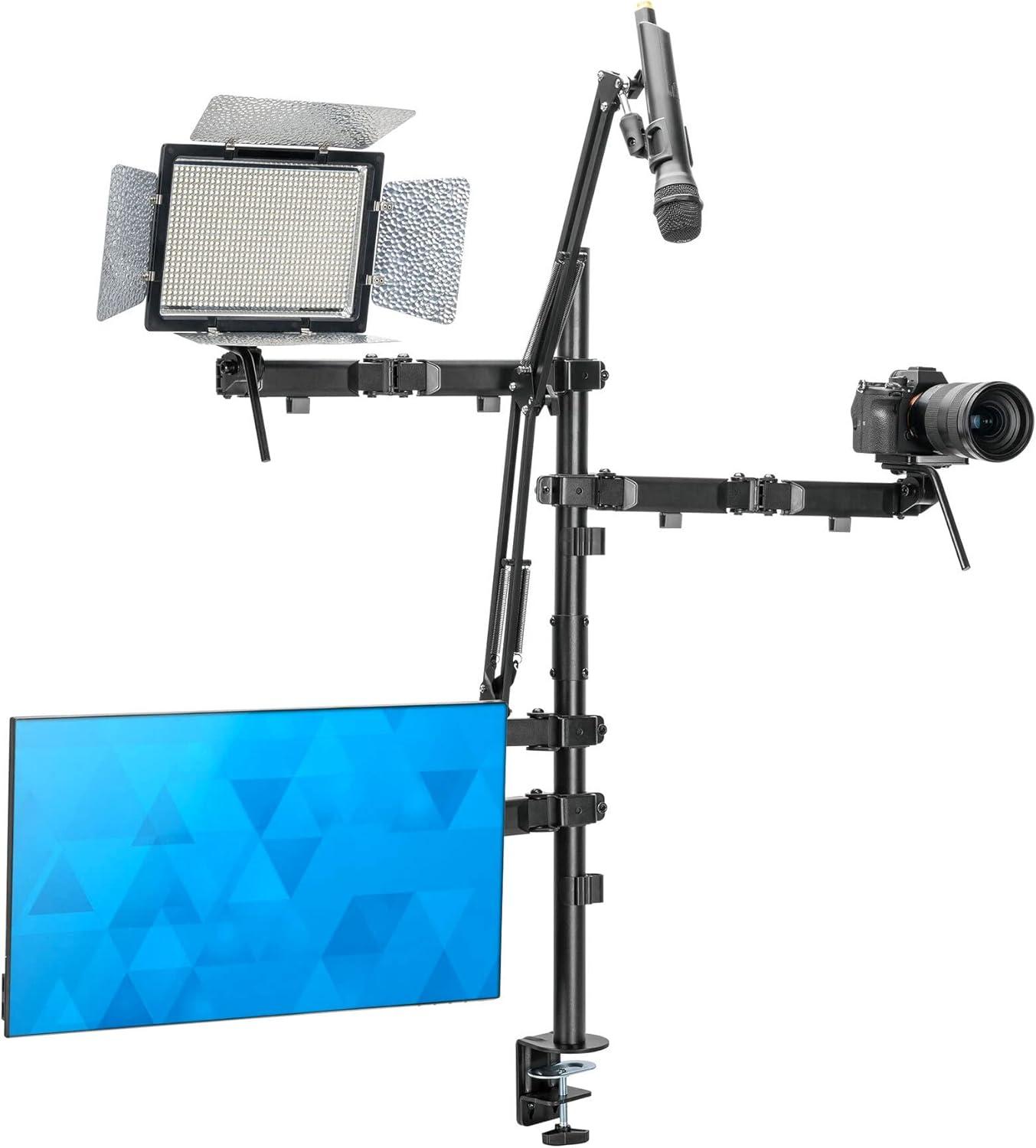 Mount-It! All in One Live Streaming Equipment | 4 Arm Streaming Desk Mount That Holds Monitor, Cameras & Ring Light with Mic | Desktop Live Stand Set