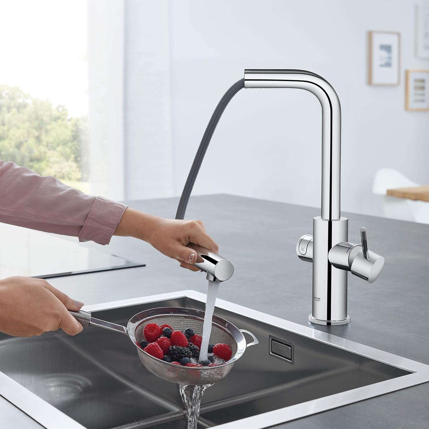 Grohe 31 608 2 Blue 1.75 GPM Single Hole Pull Out Kitchen Faucet For Chilled And Sparkling