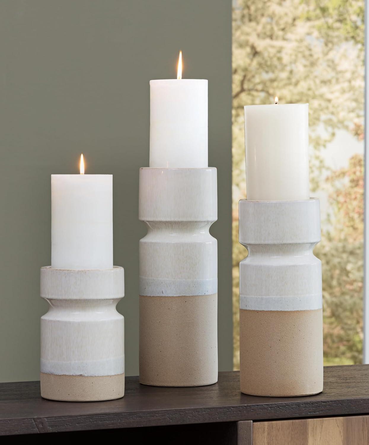 Beige and White Glazed Ceramic Candle Holders Set of 3