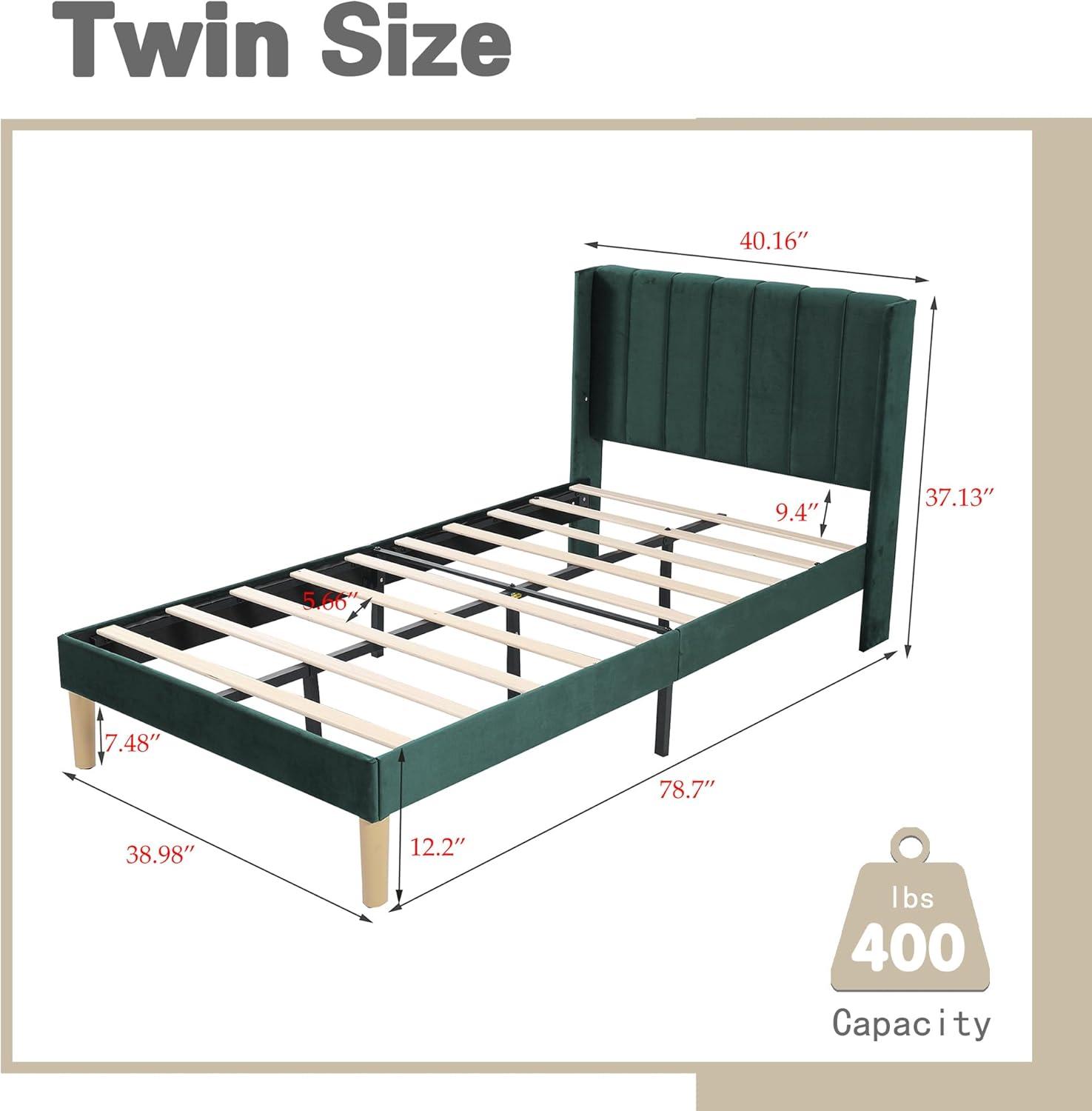 AGARTT Upholstered Platform Bed Frame Twin Size with Headboard and Footboard/Wooden Slats Support/No Box Spring Needed/Easy Assembly, Green Velvet