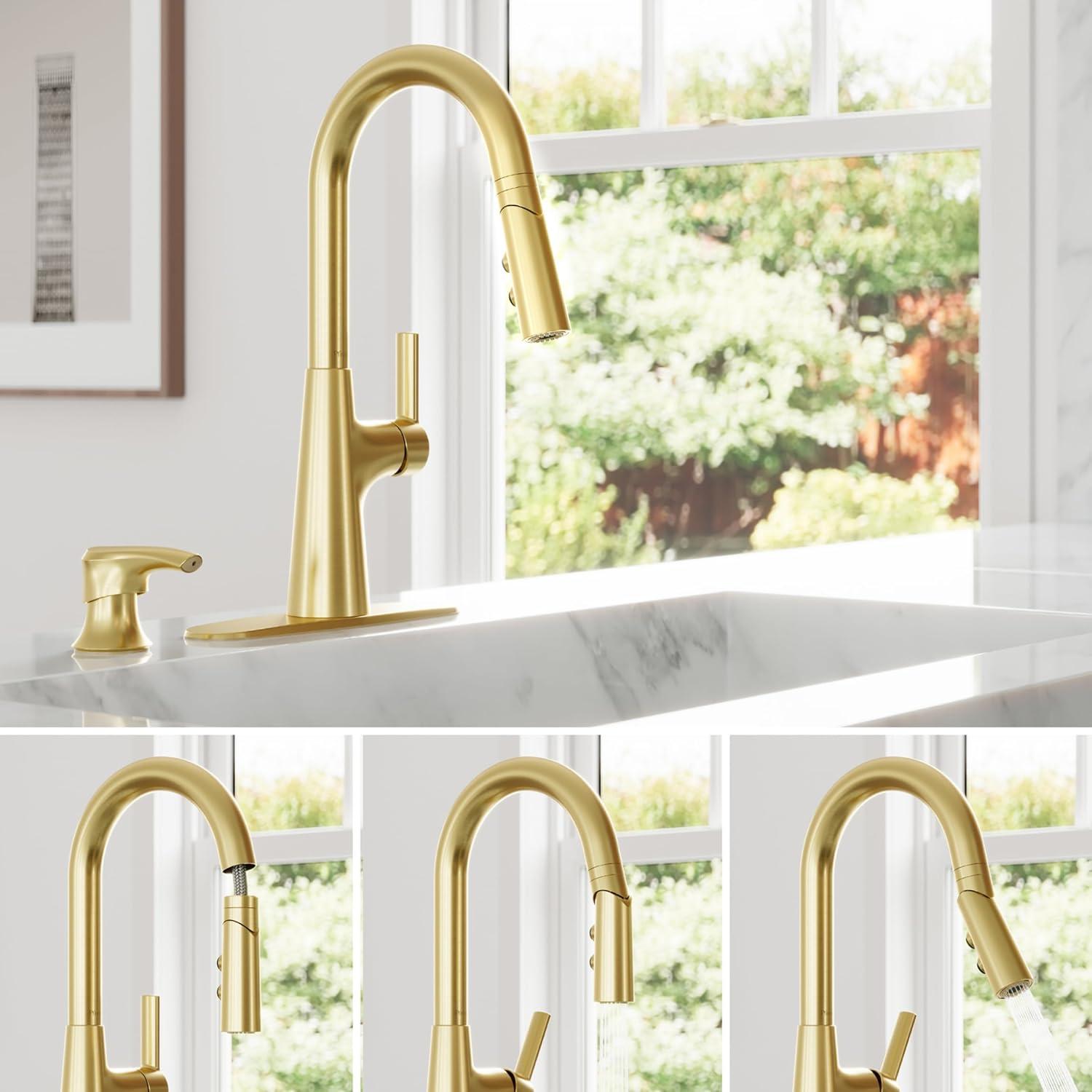 Tasso Brushed Gold Pull-Down Kitchen Faucet with Soap Dispenser