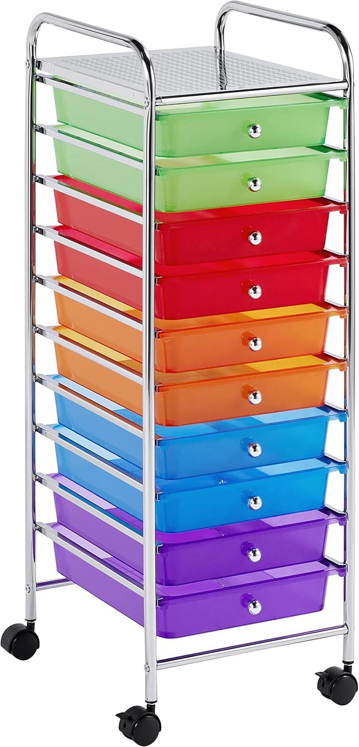 Multicolor 10-Drawer Rolling Utility Cart with Chrome Frame