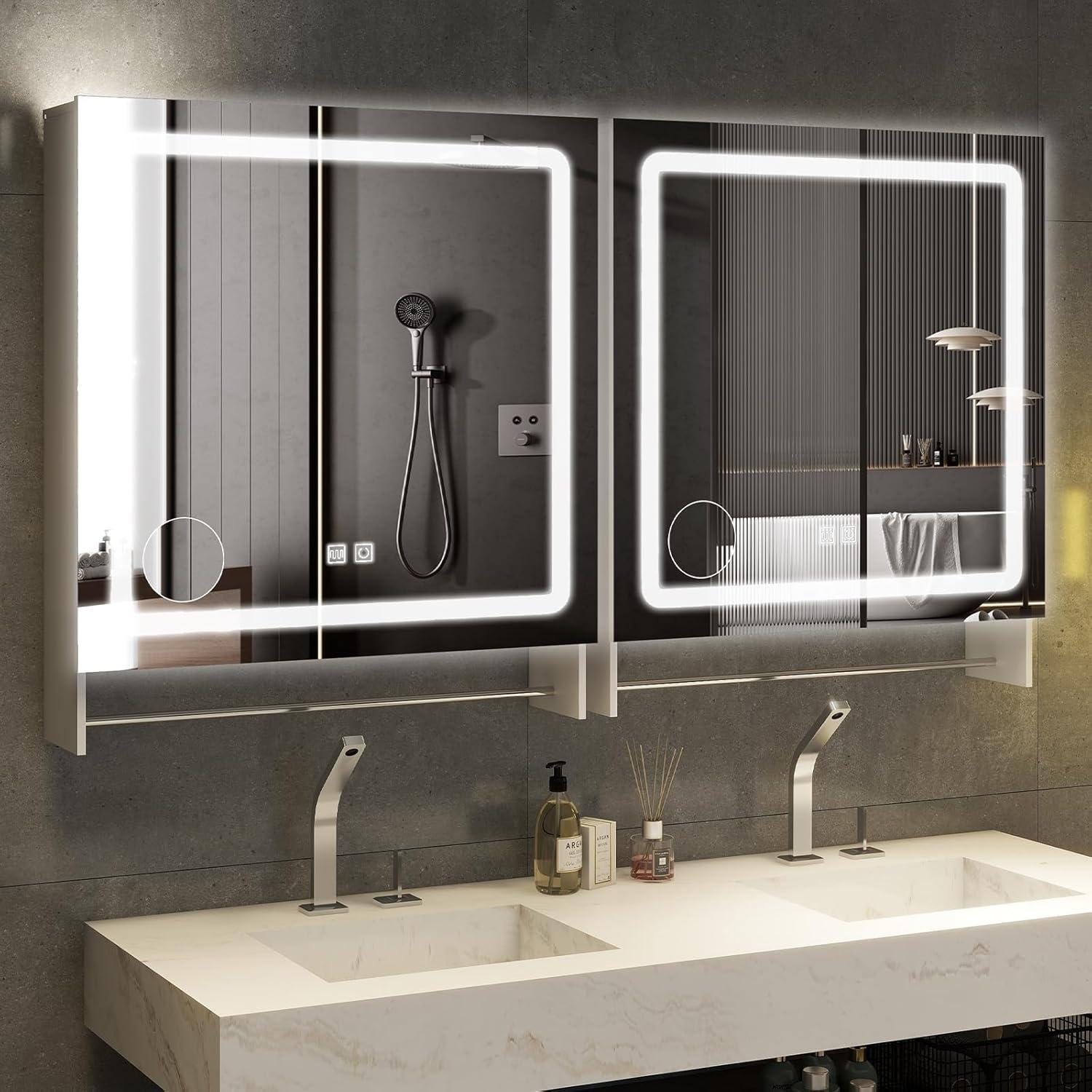 Vabches LED Bathroom Mirror with Lights 32"x 36", Anti-Fog LED Vanity Mirror, Bathroom Cabinet Wall Mounted, Stepless Dimmable Lighted Mirrors for Bathroom Wall, White