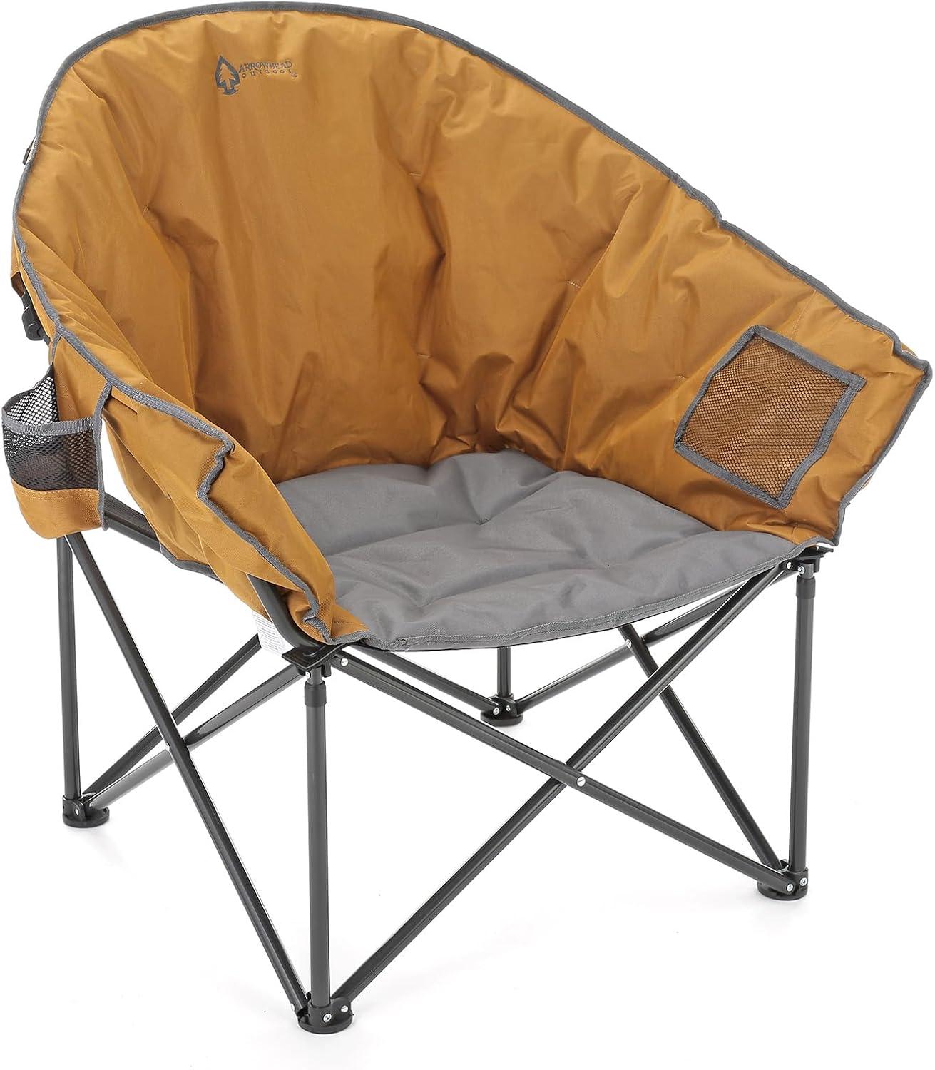 Arrowhead Outdoor Oversized Heavy-Duty Club Folding Camping Chair w/External Pocket, Cup Holder, Portable, Padded, Moon, Round, Bag (Workwear Tan)