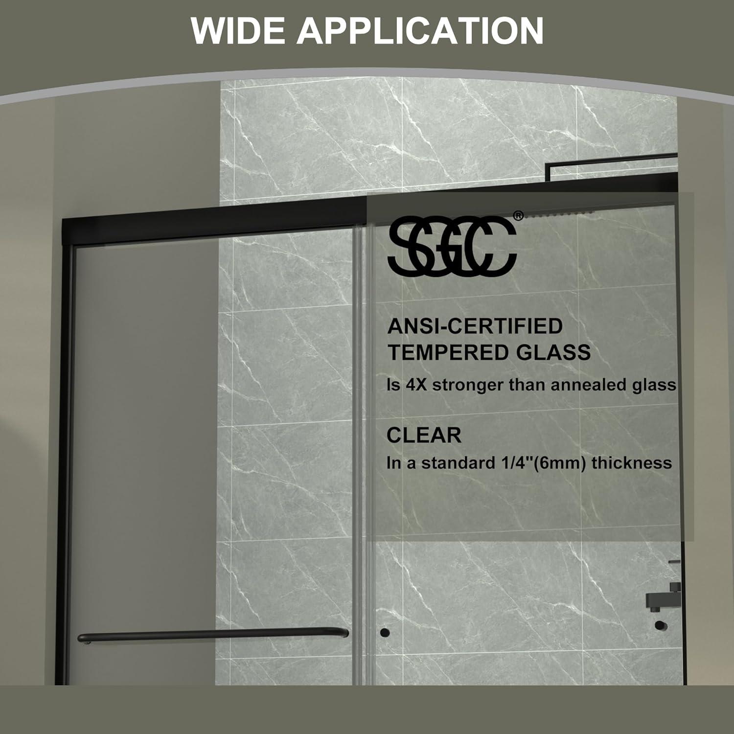 50-54" W x 72" H Semi-Frameless Sliding Glass Shower Door, Matte Black Finish Shower Door with 1/4'' (6mm) Clear SGCC Tempered Glass
