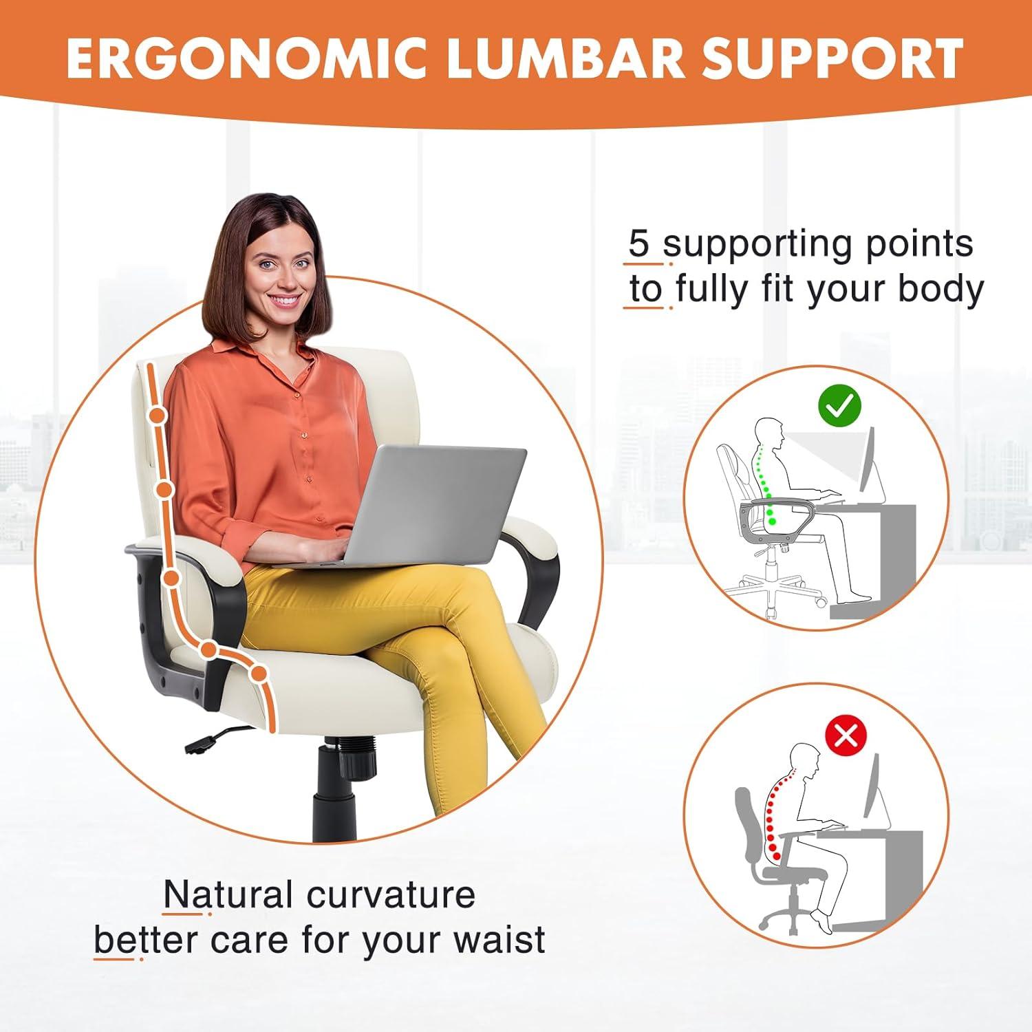 Executive Office Chair with Padded Armrests Adjustable Height, 360-Degree Swivel, Lumbar Support, PU Leather, Cream