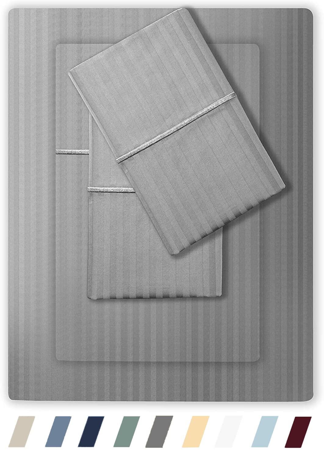 Feather & Stitch NY Luxurious 500 Thread Count Sateen Damask Stripe | 100% Cotton Bedding sheet set | 18" Deep Pocket |