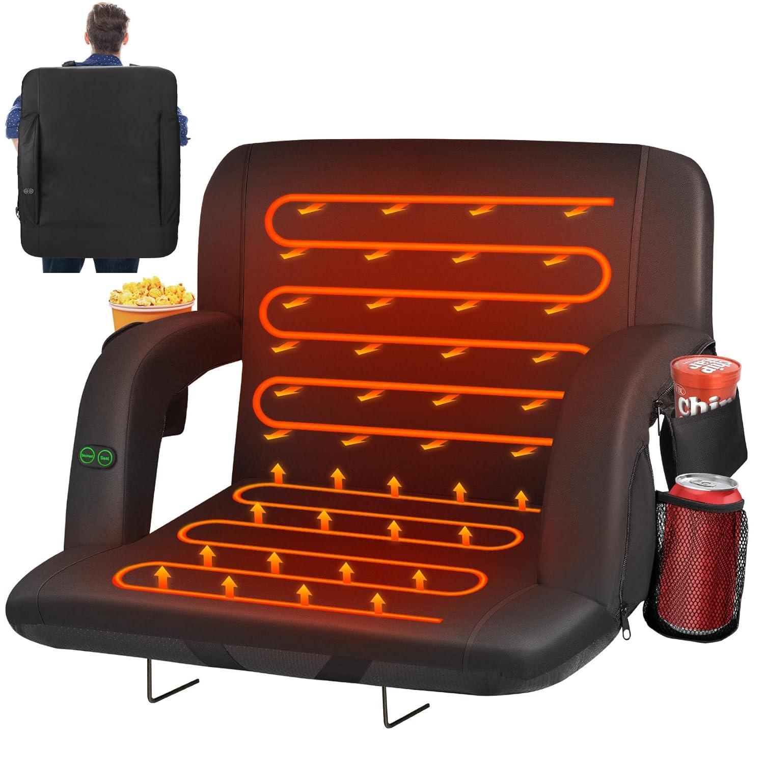 ZENPETIO 25" Oversized Dual-Sided Heated Stadium Seats for Bleachers with Back Support, 3 Levels Heating Stadium Seating for Bleachers Seat with Backrest, 5 Pockets Portable Stadium Chair for Outdoor