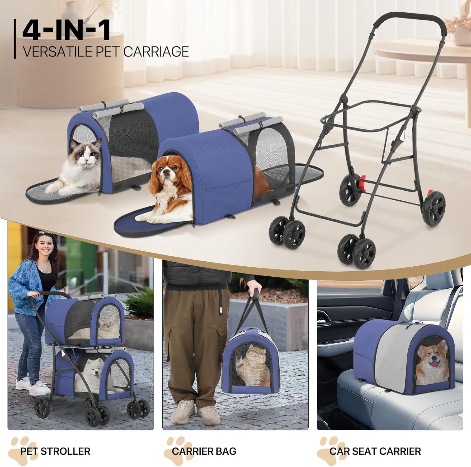 MoNiBloom 4 in 1 Double Pet Stroller, Foldable Cat Stroller for 2 Cats/Dogs with Detachable Carrier Bags & Rear Brakes, Navy Blue/Gray