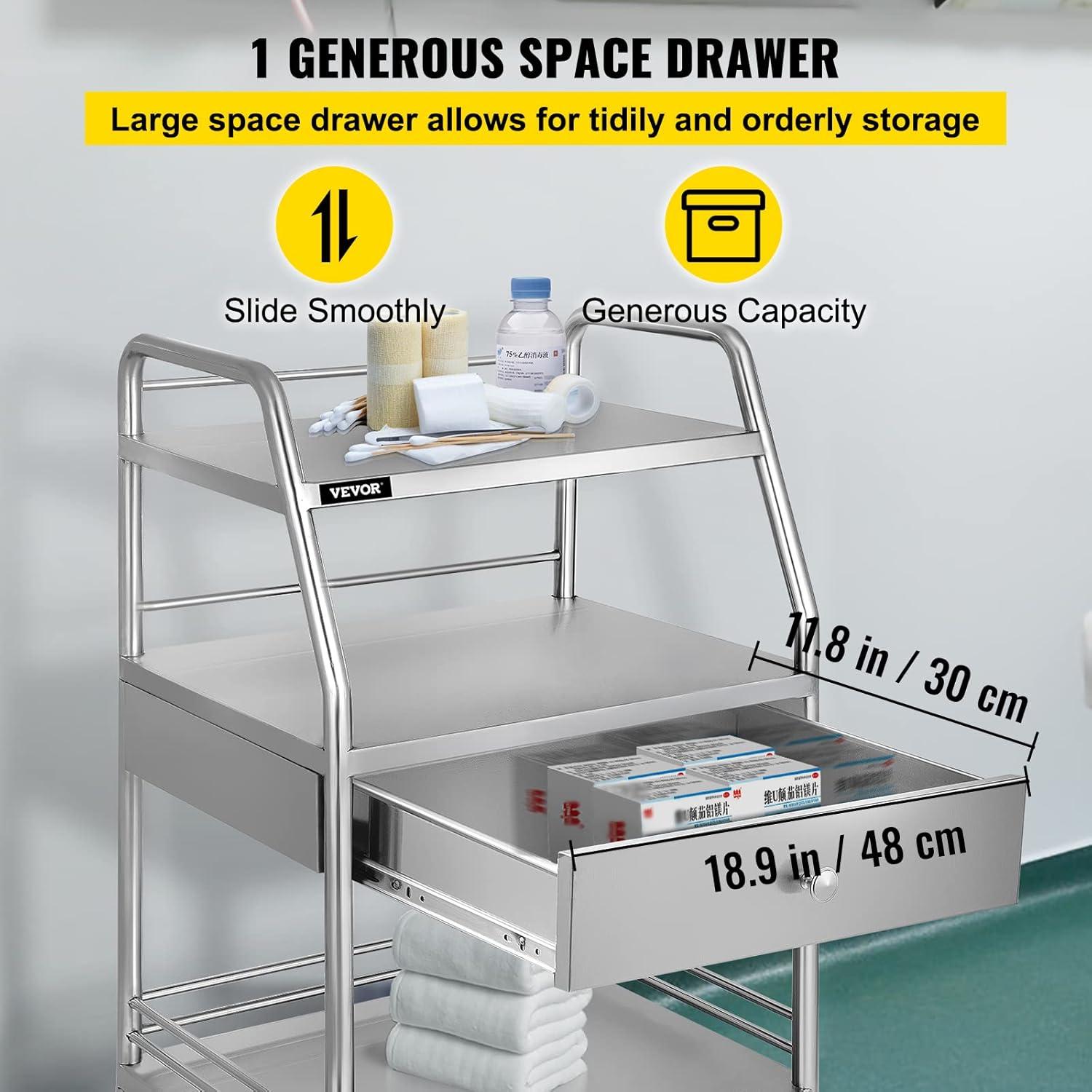 Stainless Steel 3-Shelf Rolling Lab Cart with Drawer