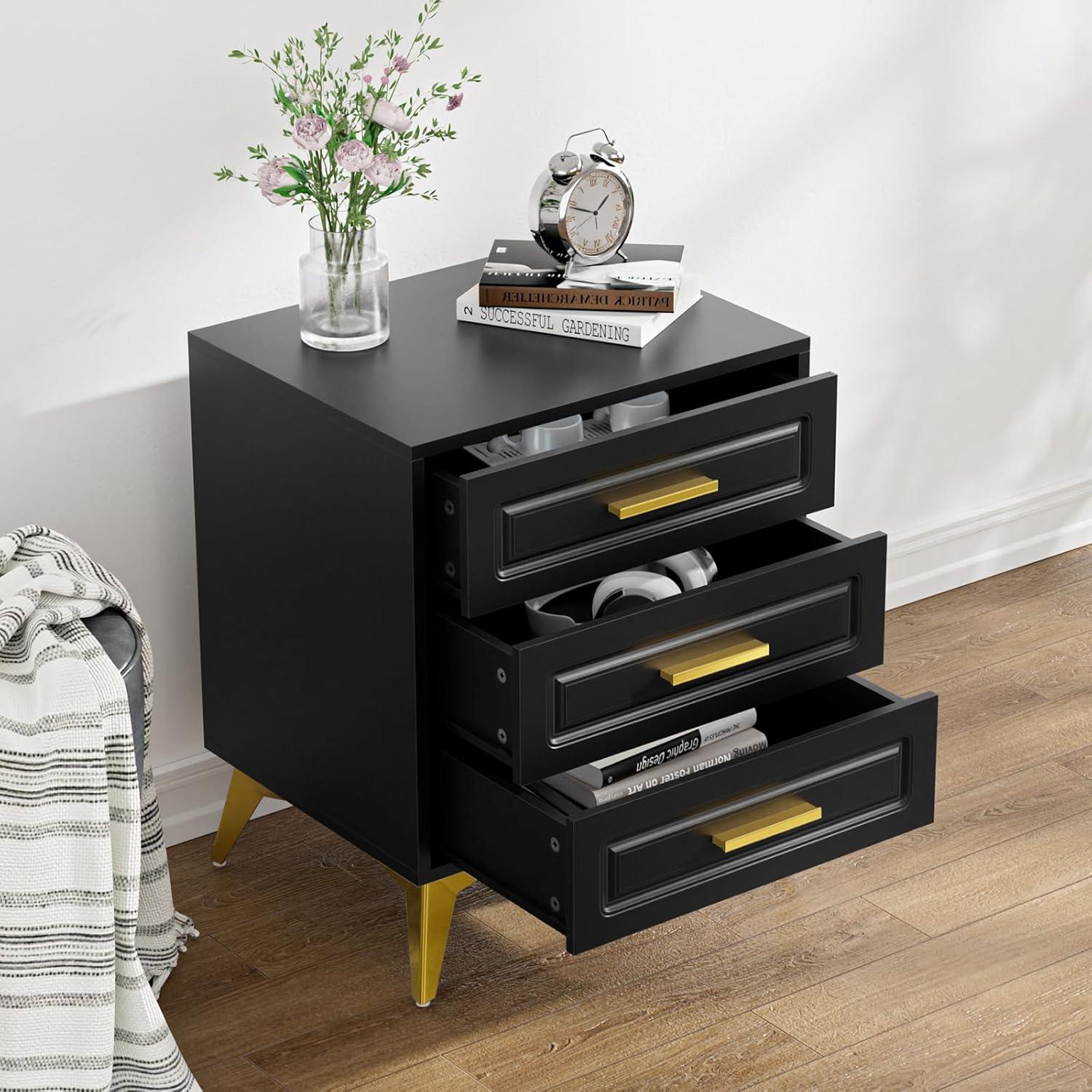 Black and Gold 3-Drawer Modern Nightstand with Metal Legs