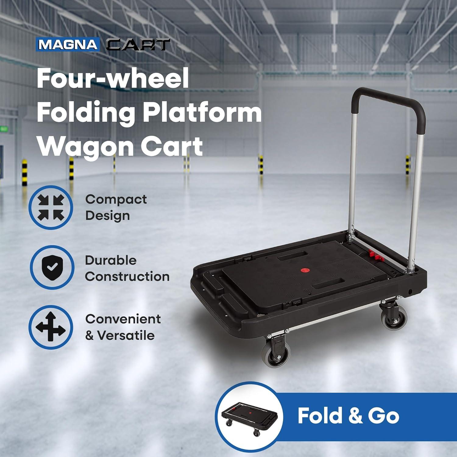 Magna Cart FF 4 Rubber 360 Degree Rotating Wheel Easy Folding Platform Transport Cart with Telescoping 36 Inch Handle