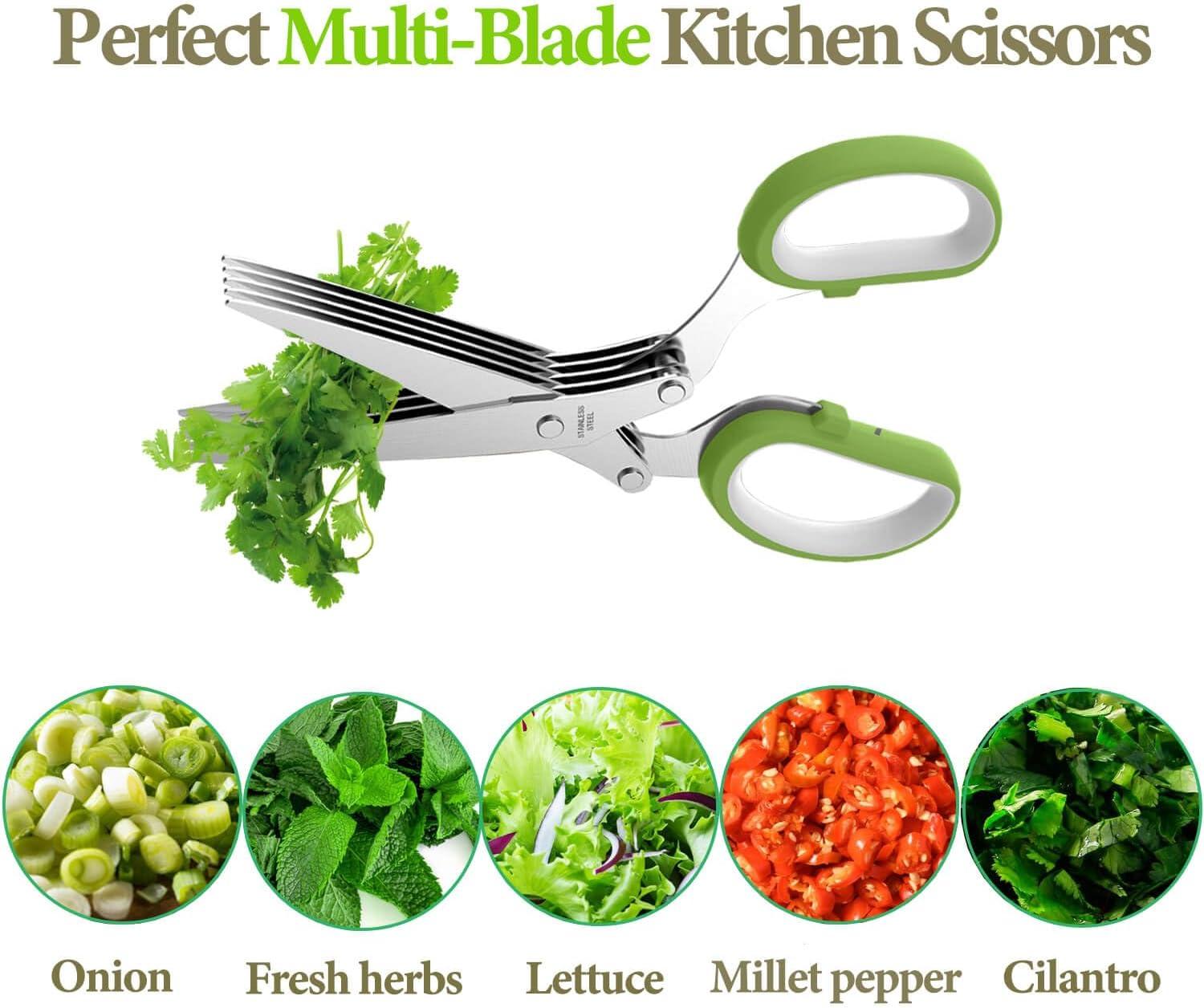 Herb Scissors, Kitchen Herb Shears Cutter with 5 Blades and Cover, Sharp Dishwasher Safe Kitchen Gadget - Green C49