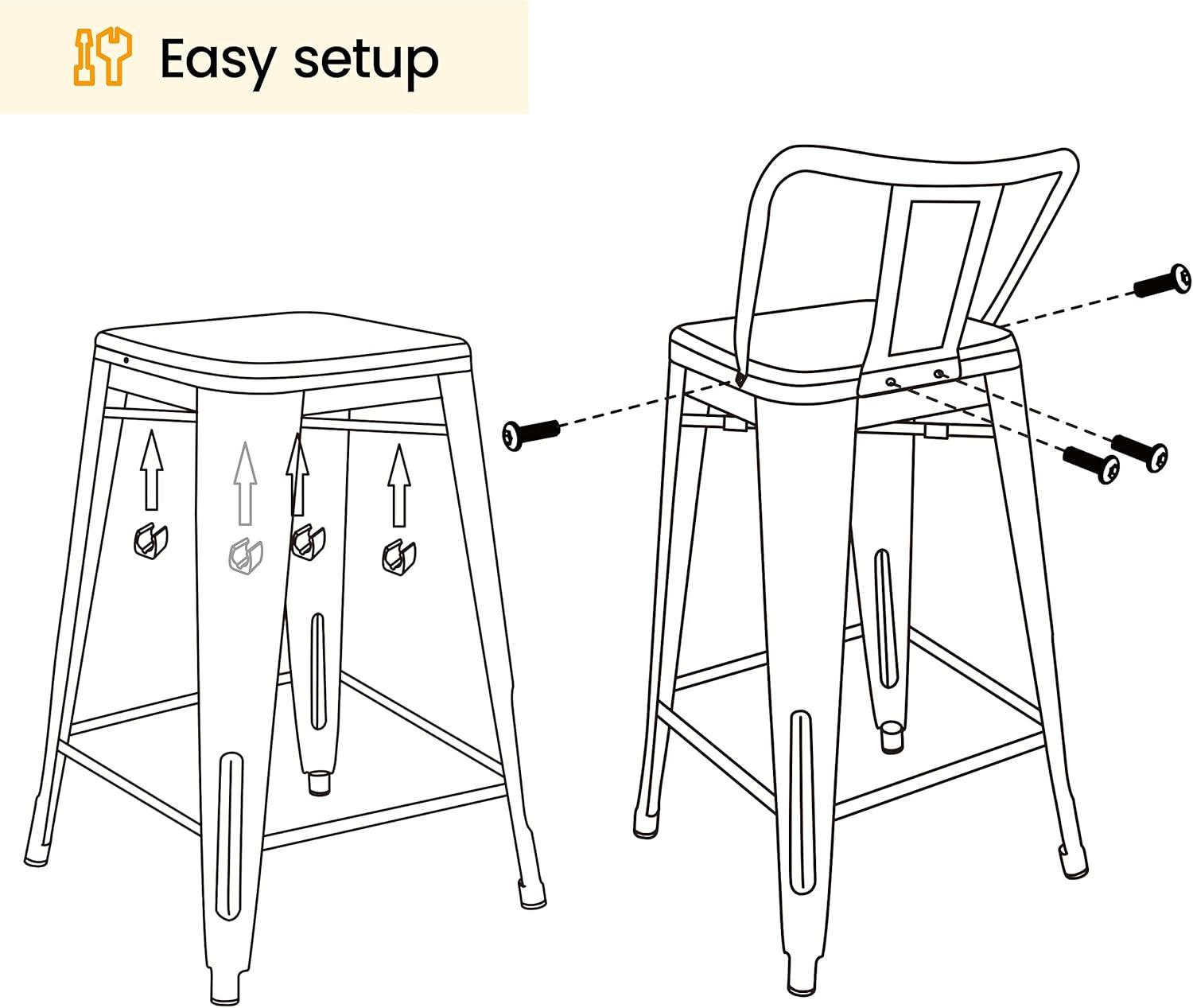 Killeryuki 24'' Metal Bar Stool 4PCS Low Back Conuter Stools for Indoor/Outdoor Barstools Metal Black Stools Bar Chairs w/Wooden Seat Metal Leg Industrial Counter Height Stools Black