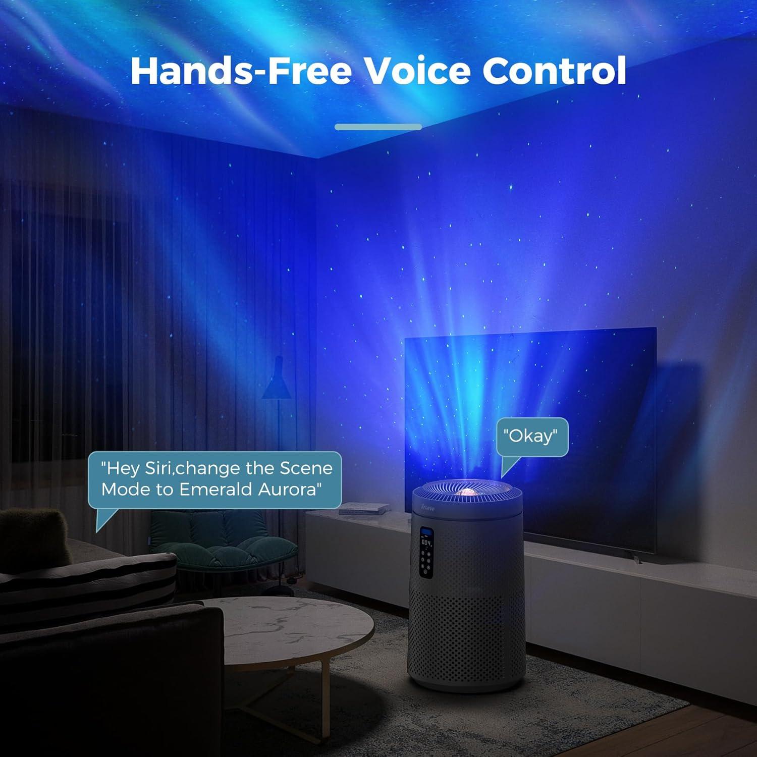 AROEVE Air Purifier for Large Rooms up to 1,782 Sq. Ft. with Star Projector, Smart WiFi, Air Quality Sensor, UV Function, and Washable Filter for Whole Home Use for a Cozy Holiday, MK09W Black