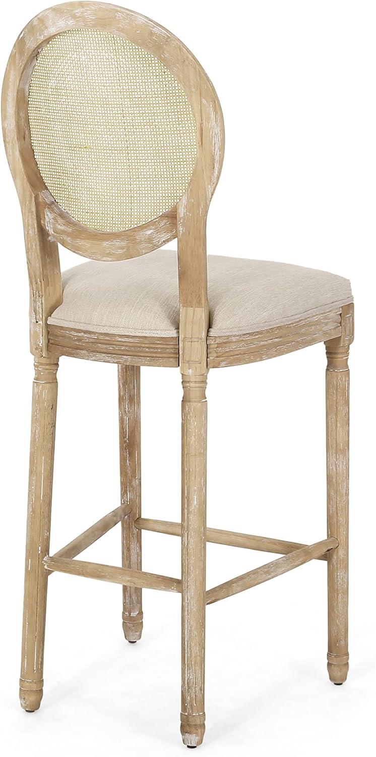 Beige and Natural French Country Wooden Barstools with Wicker Backrest, Set of 2