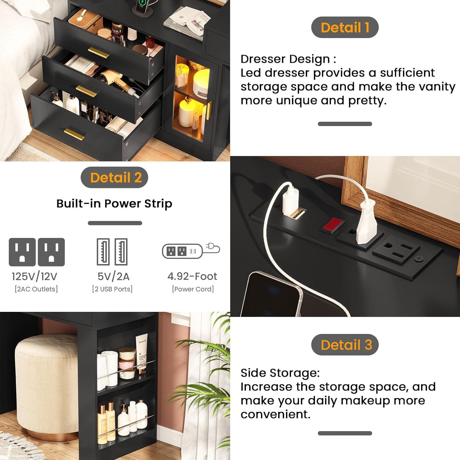 AOGLLATI Makeup Vanity Desk with Mirror and Lights & Charging Station, Black Vanity Table with 3 Drawers LED Dresser, Makeup Desk with 3 Lighting Modes, 5 Drawers and Cabinet Storage