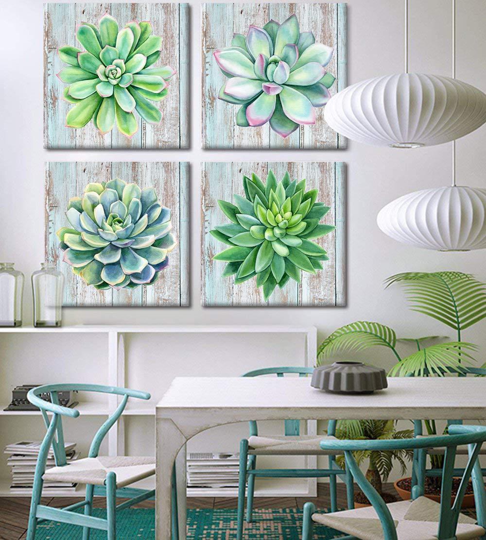 Paimuni Succulents Canvas Wall Art Watercolor Hand-Drawn Green Leaf Plants Printings Ready to Hang Wall Decor Botanical Giclee Prints 12x12inchesx4pcs